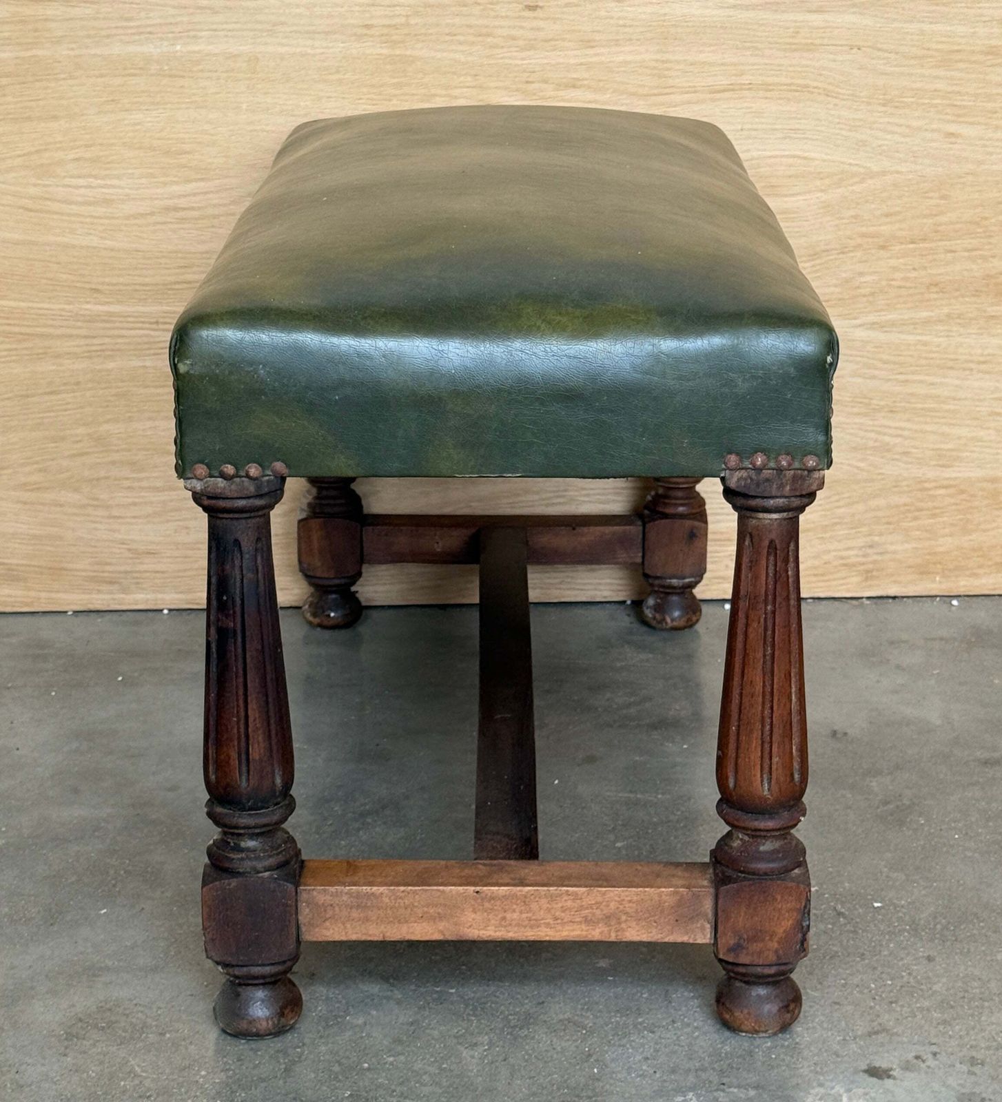 Pair Of Antique Spanish Walnut Stools Upholstered With Green Leather Seats photo buy