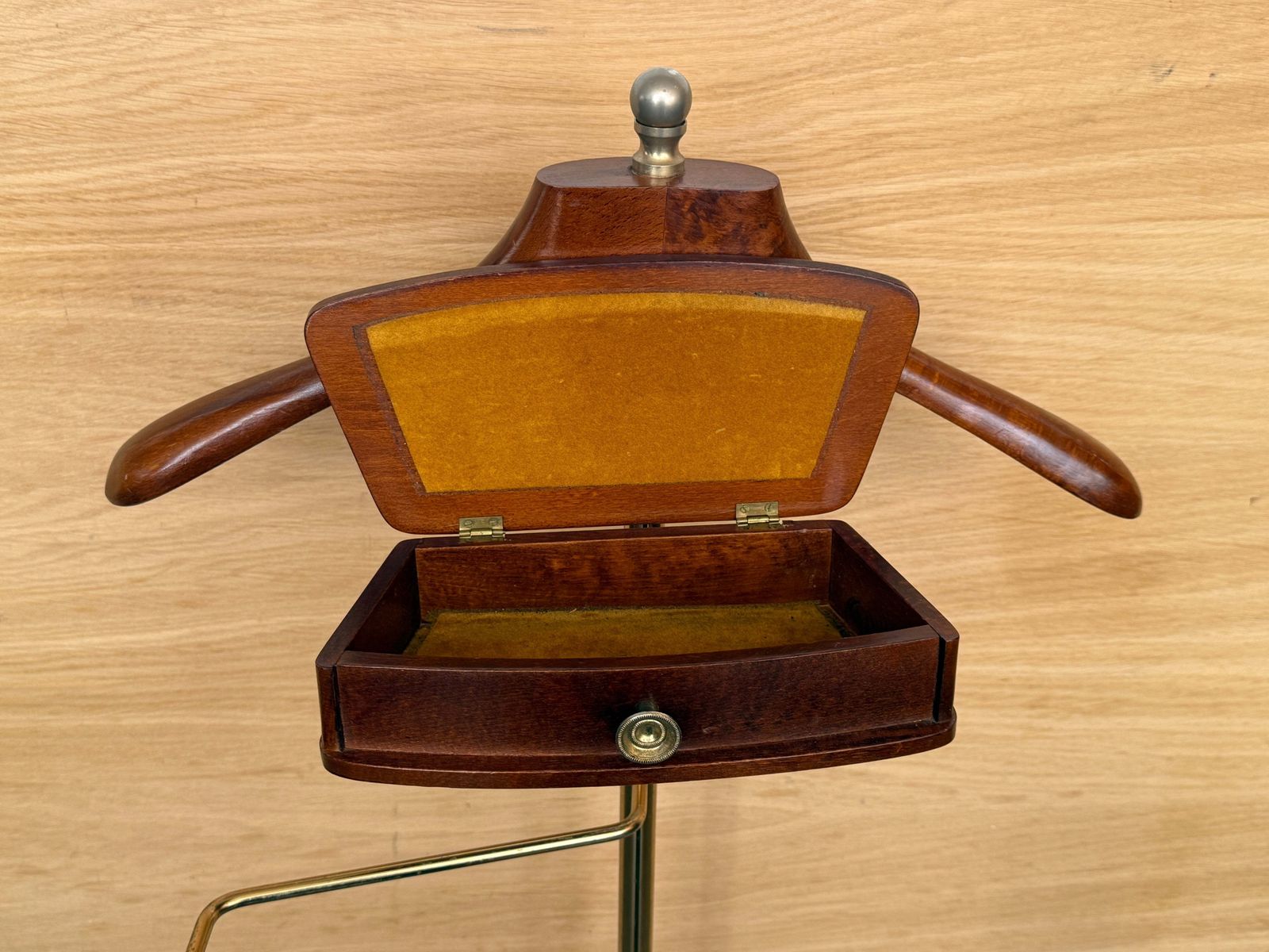Vintage Brass And Walnut Men's Coat Rack With Drawer And Trouser Rack photo vinterior