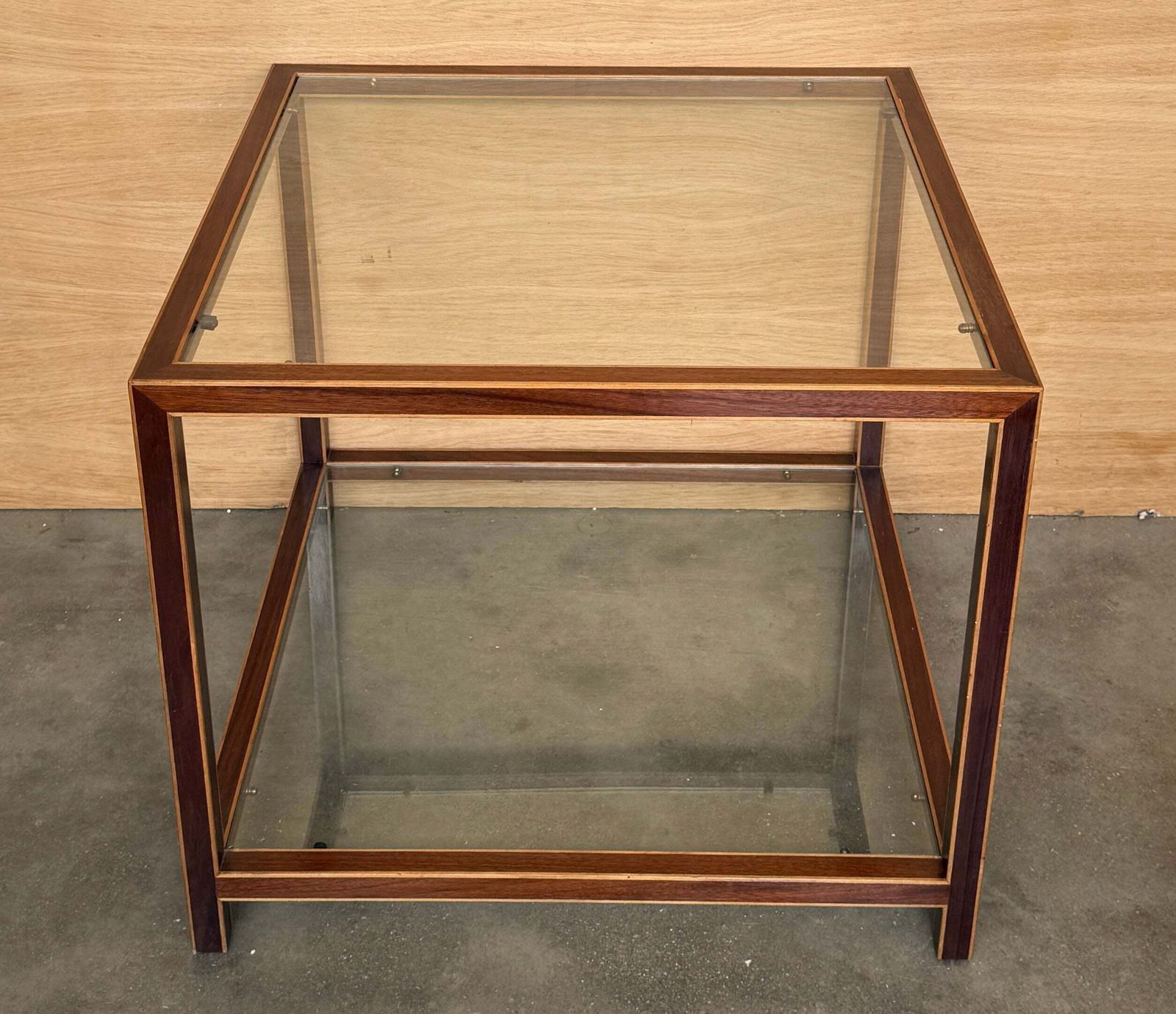Mid Century Modern Style Side Tables With Walnut Marquetry And Two Glass Shelves photo Furniture