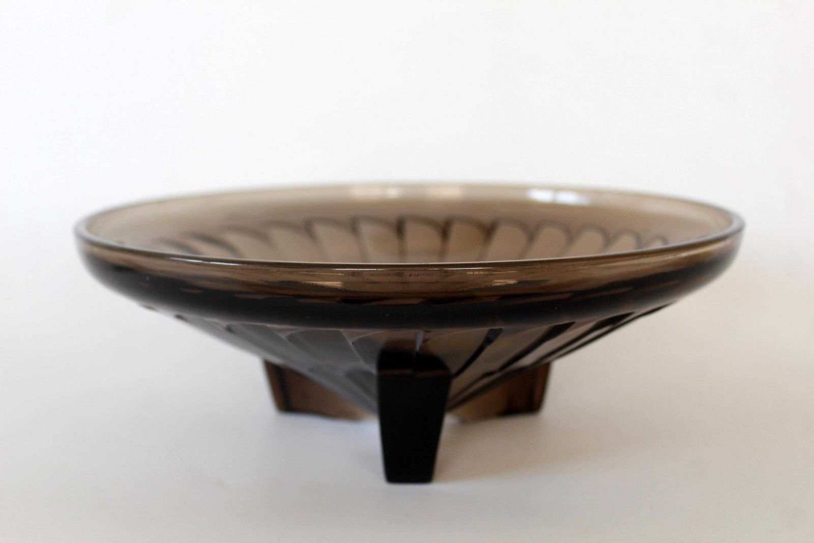 54.0 Large French Art Deco Circa 1930s Smoked Brown Glass Bowl, Pressed Glass, Fruit Bowl, Centerpiece, Geometric Design, Feather Design photo