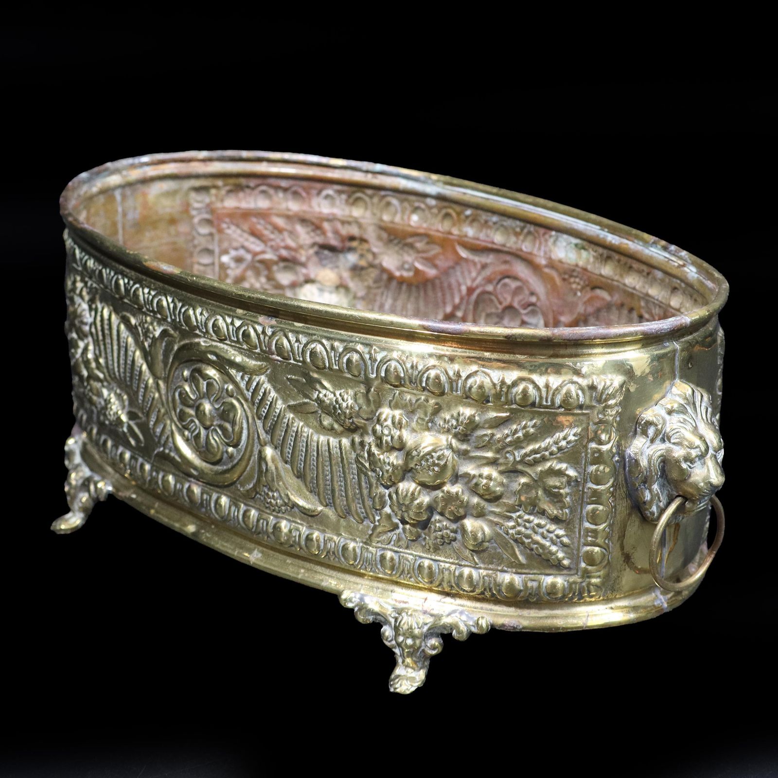 19th Century French Antique Brass Jardiniere With Lion Masks, Napoleon III Style photo vintage