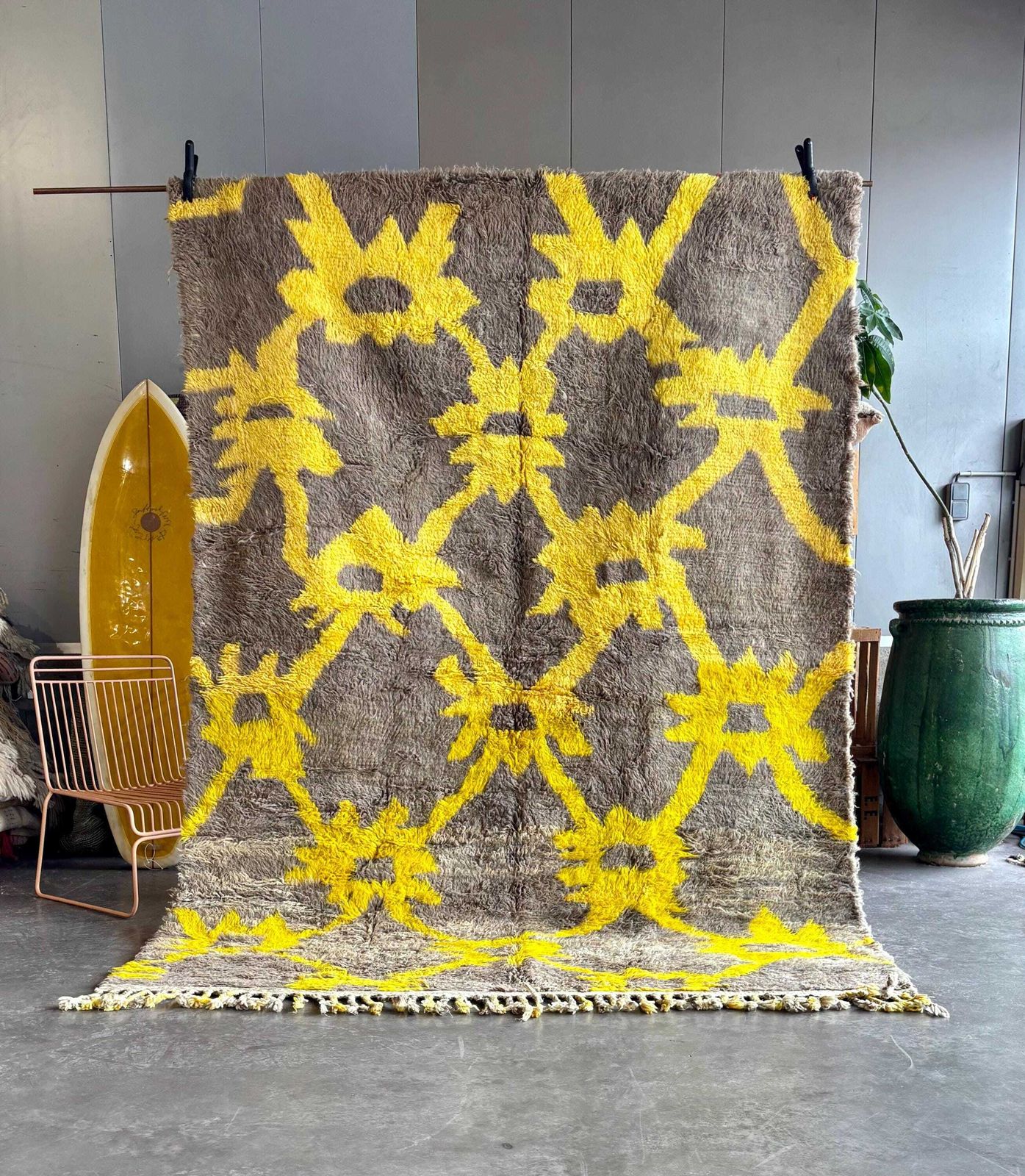 Tapis marocain Mrirt moderne 200x300 cm, tapis en laine géométrique jaune, tapis berbère fait main, tapis à poils longs de luxe, décor abstrait contemporain