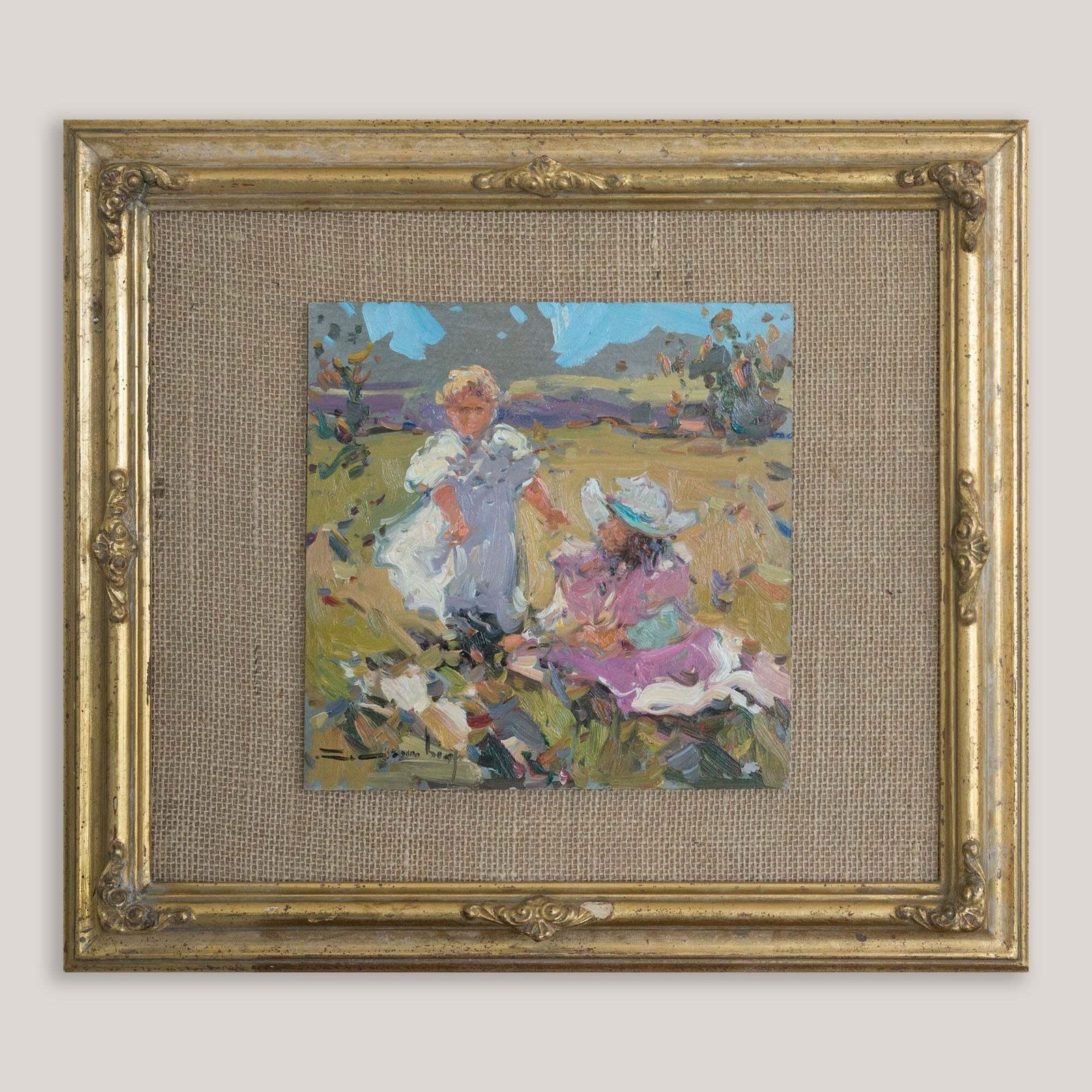 Twee impressionistische olieverfschilderijen op board, kust en landelijk landschap, gesigneerd (kunstenaar onbekend) photo furniture