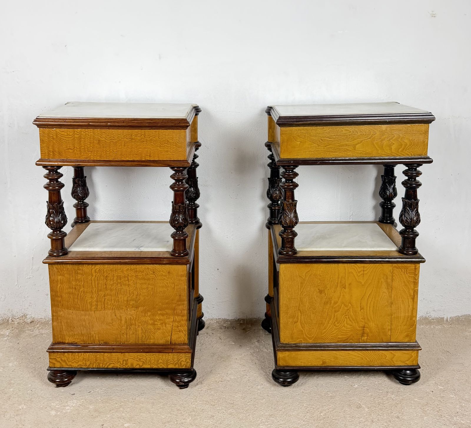 Pair Of French Empire Style Marble Top Nightstands With Cabinet Doors photo vintage
