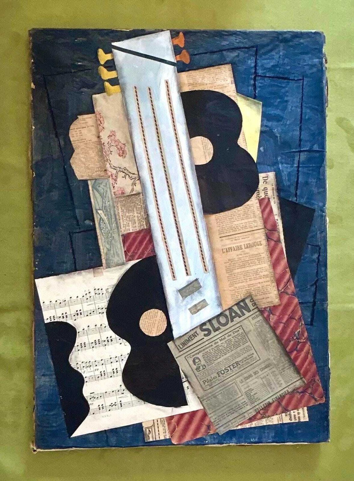 Frans Cubistisch Stilleven uit de jaren 1930, Muziek Gitaar Collage, Picasso Stijl, Antiek Mixed Media Kunst, Modernistisch Canvas