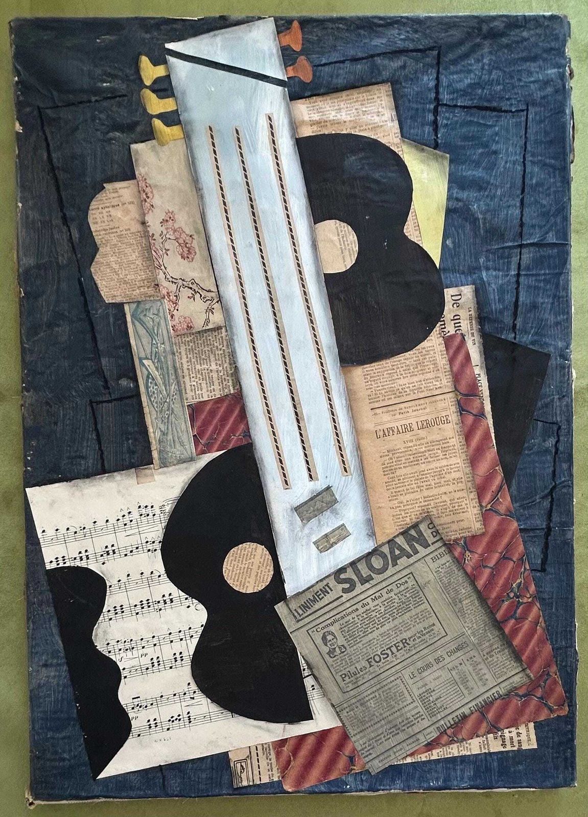 Frans Cubistisch Stilleven uit de jaren 1930, Muziek Gitaar Collage, Picasso Stijl, Antiek Mixed Media Kunst, Modernistisch Canvas photo furniture