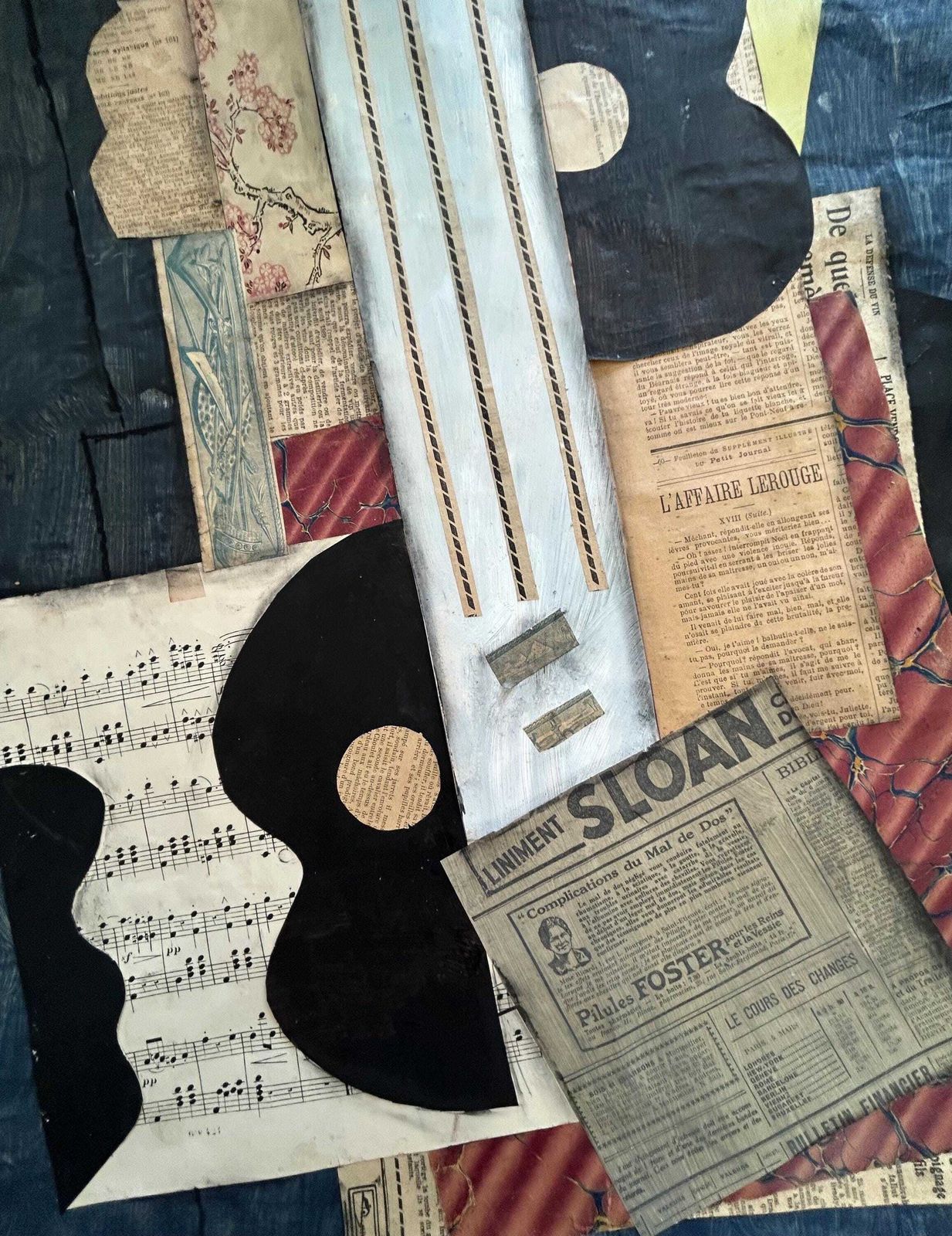 1930s French Cubist Still Life Painting Music Guitar Collage Picasso Style Antique Mixed Media Art Modernist Canvas Original photo vinterior
