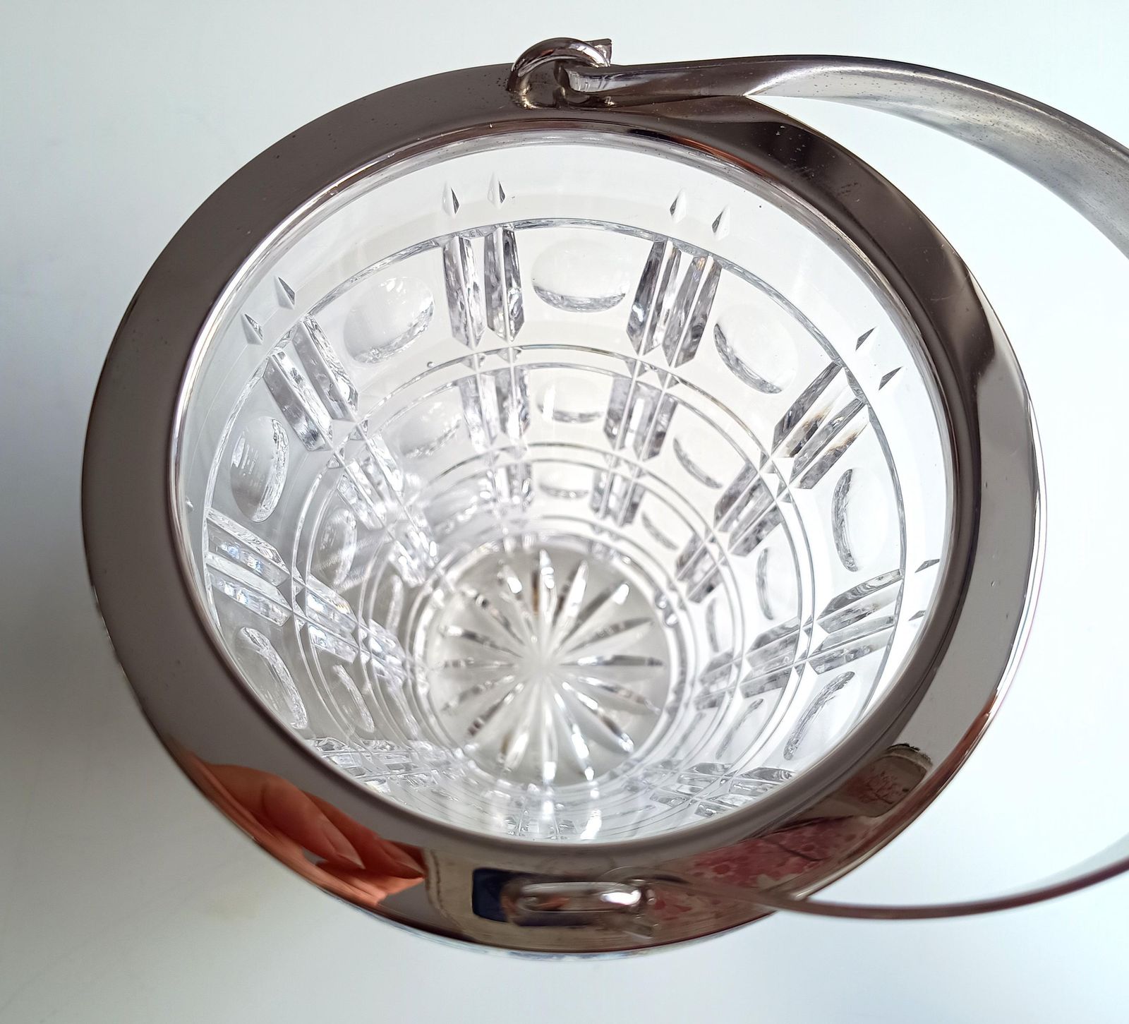 photo vinterior Mid Century Bistro Ice Bucket, Jean Couzon Rhadango, Silver Plated Block & Lens Cut Crystal