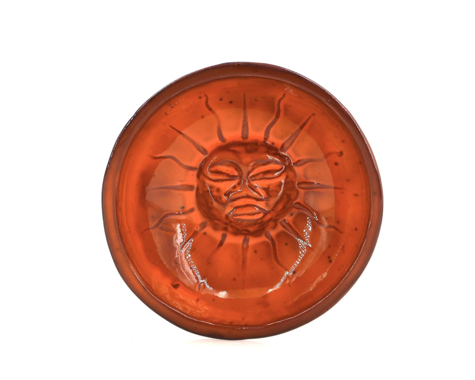Mexican Ceramic Trinket Tray In Orange And Black, Sun Face Design From The 1970s