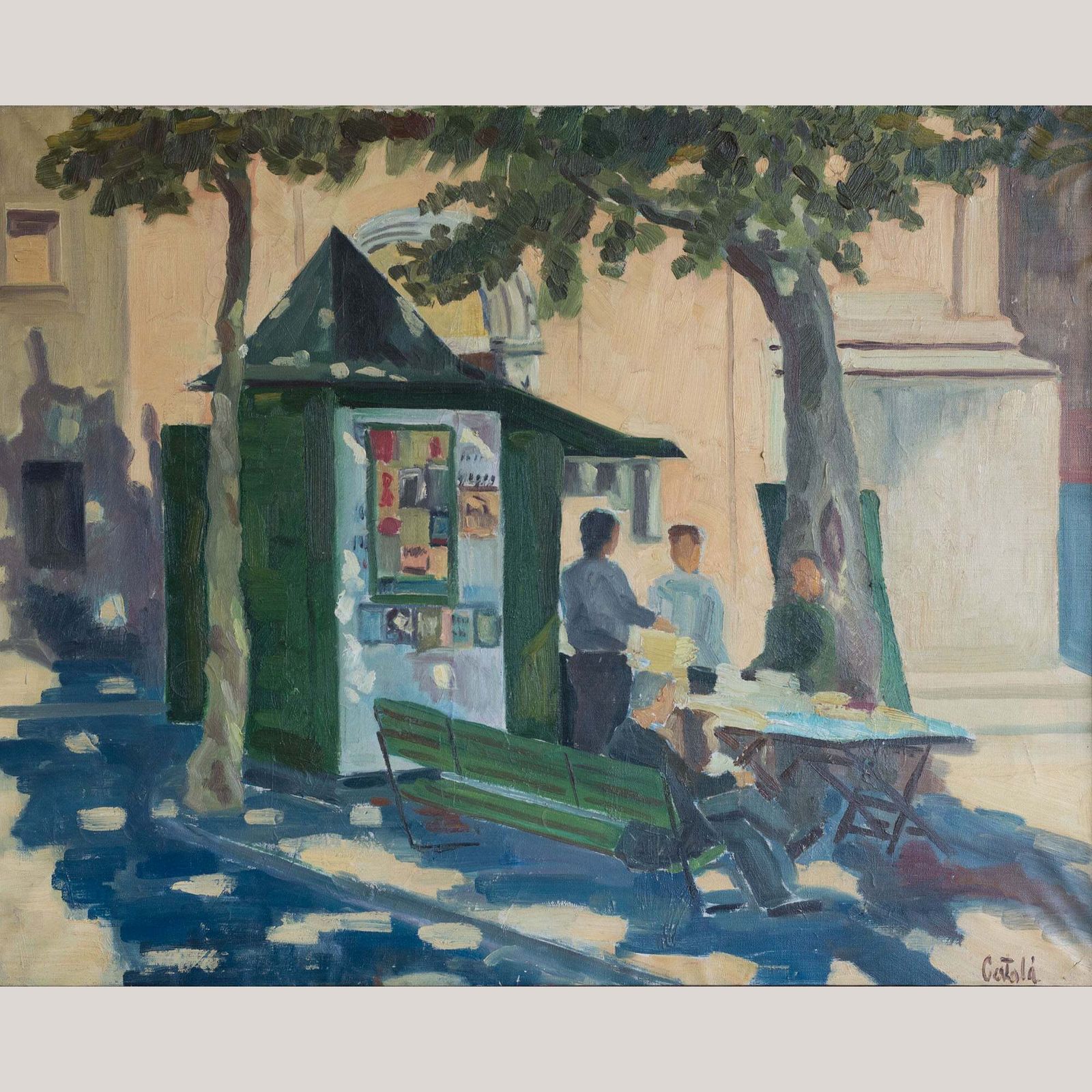 Vintage European Street Scene With Newspaper Kiosk | Possibly Signed Català | Oil On Canvas photo furniture