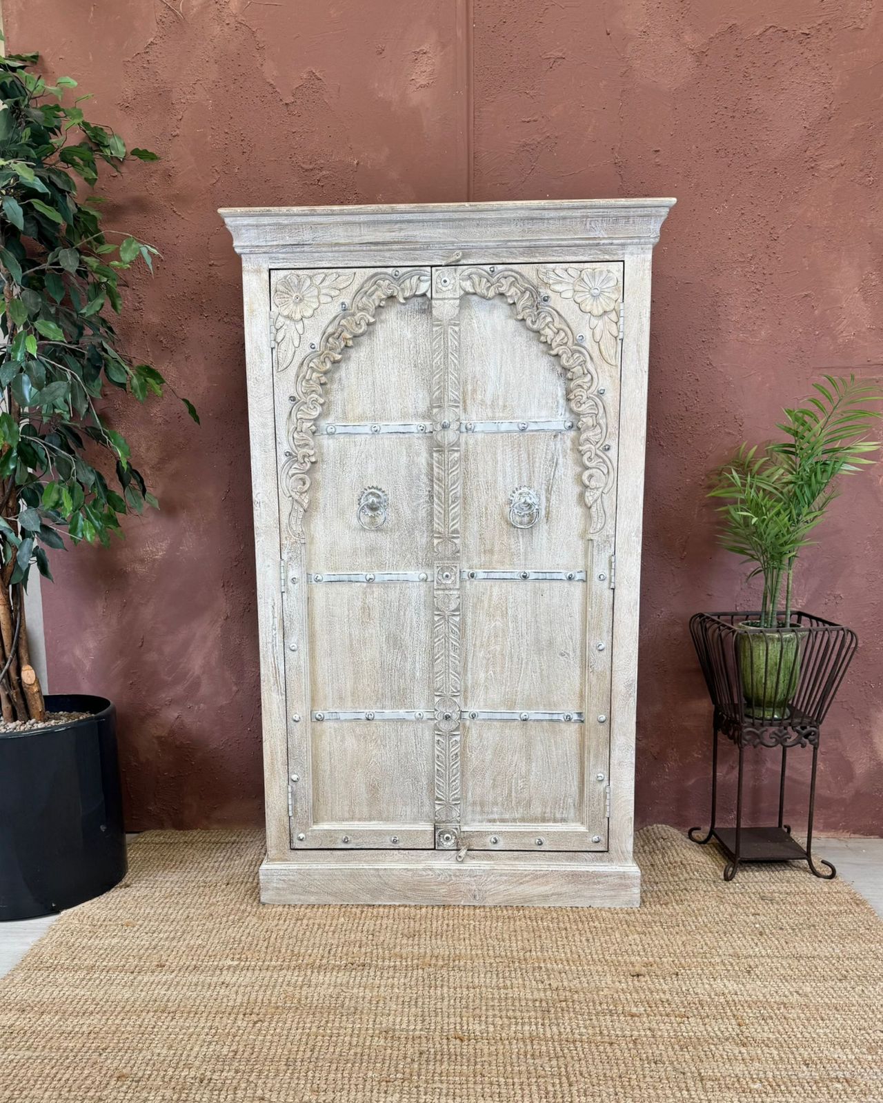 Hand Carved Mango Wood 2 Door Armoire With Whitewashed Arch Design