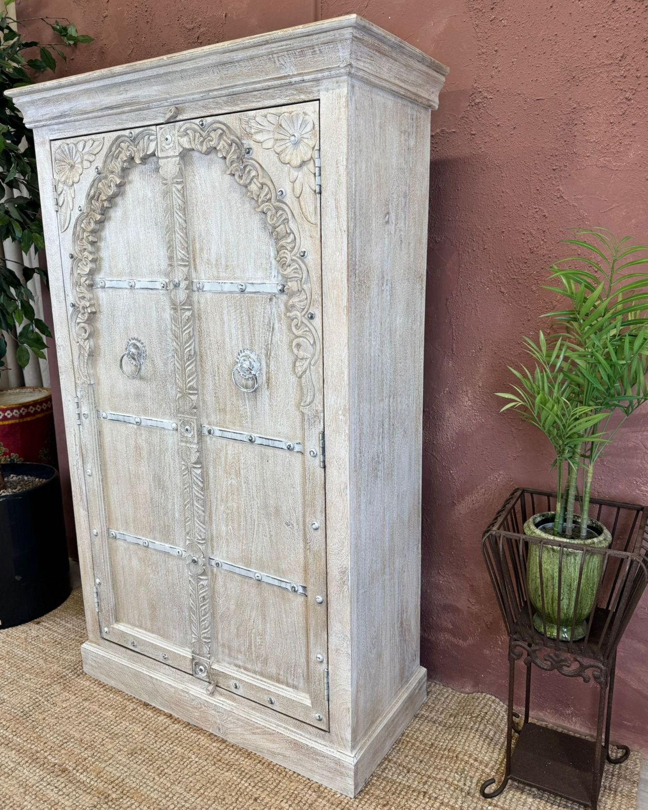 Hand Carved Mango Wood 2 Door Armoire With Whitewashed Arch Design photo for sale