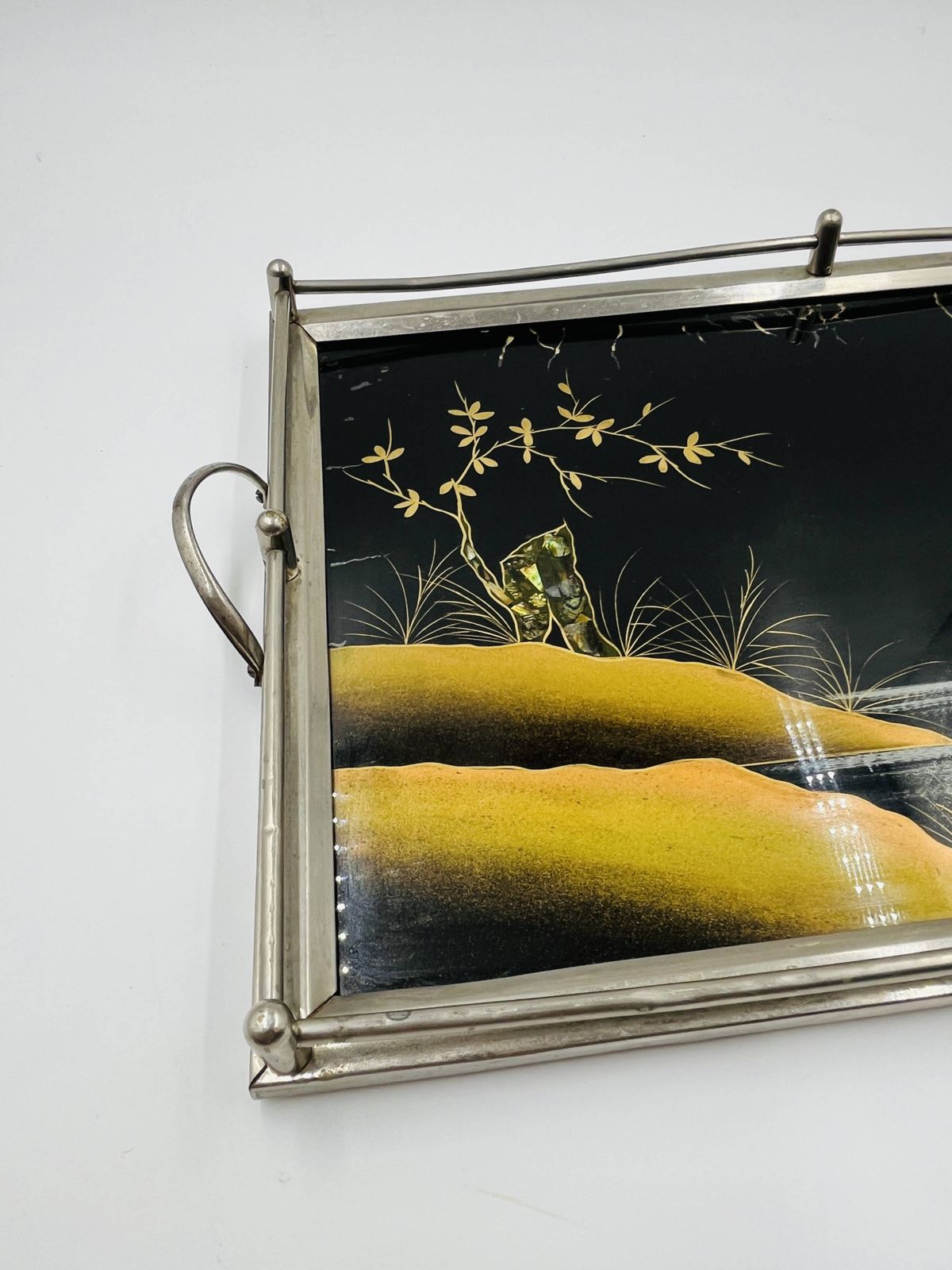 Art Deco dienblad, beschilderd glas en parelmoer photo for sale