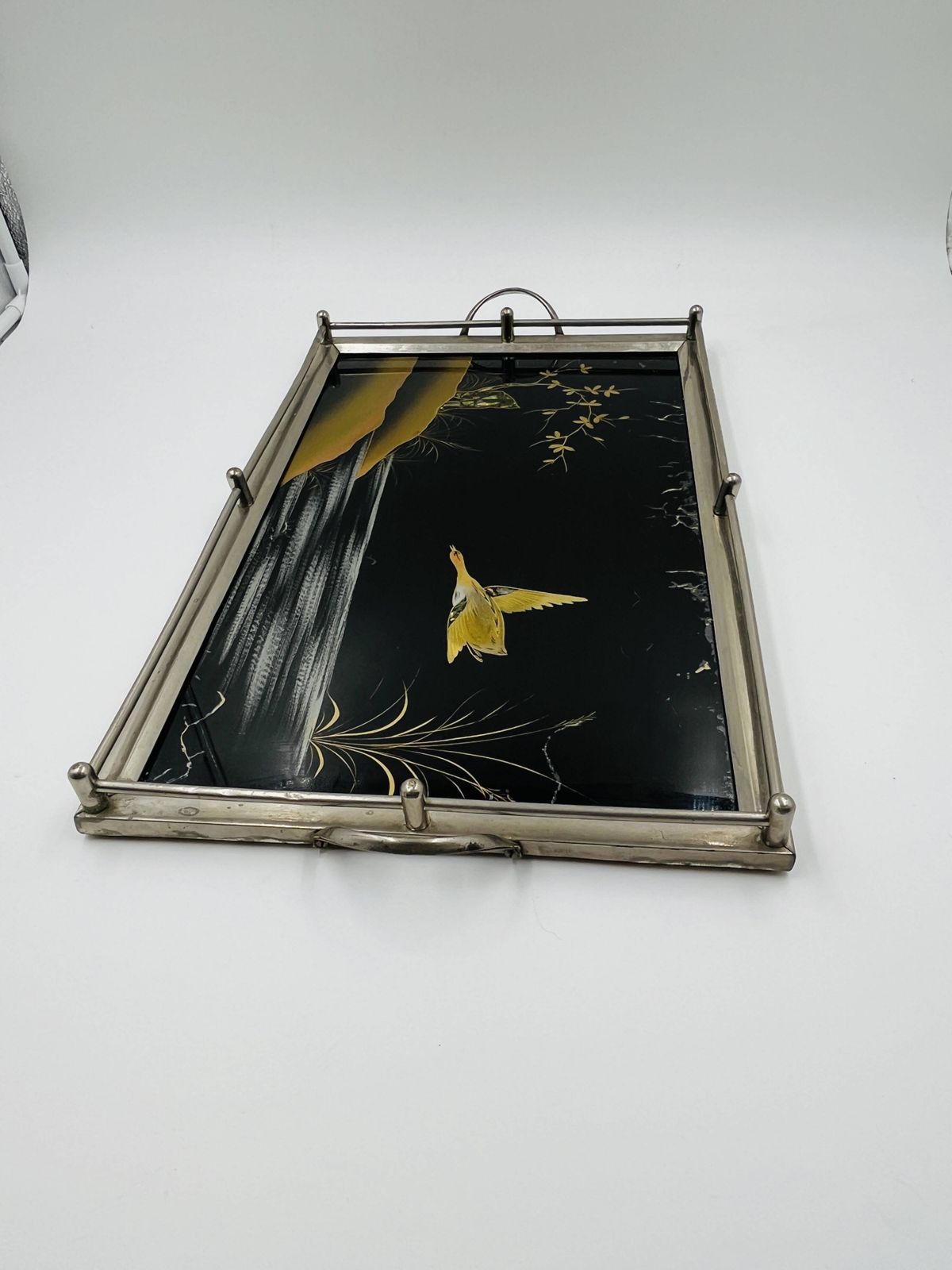 photo for sale Art Deco dienblad, beschilderd glas en parelmoer