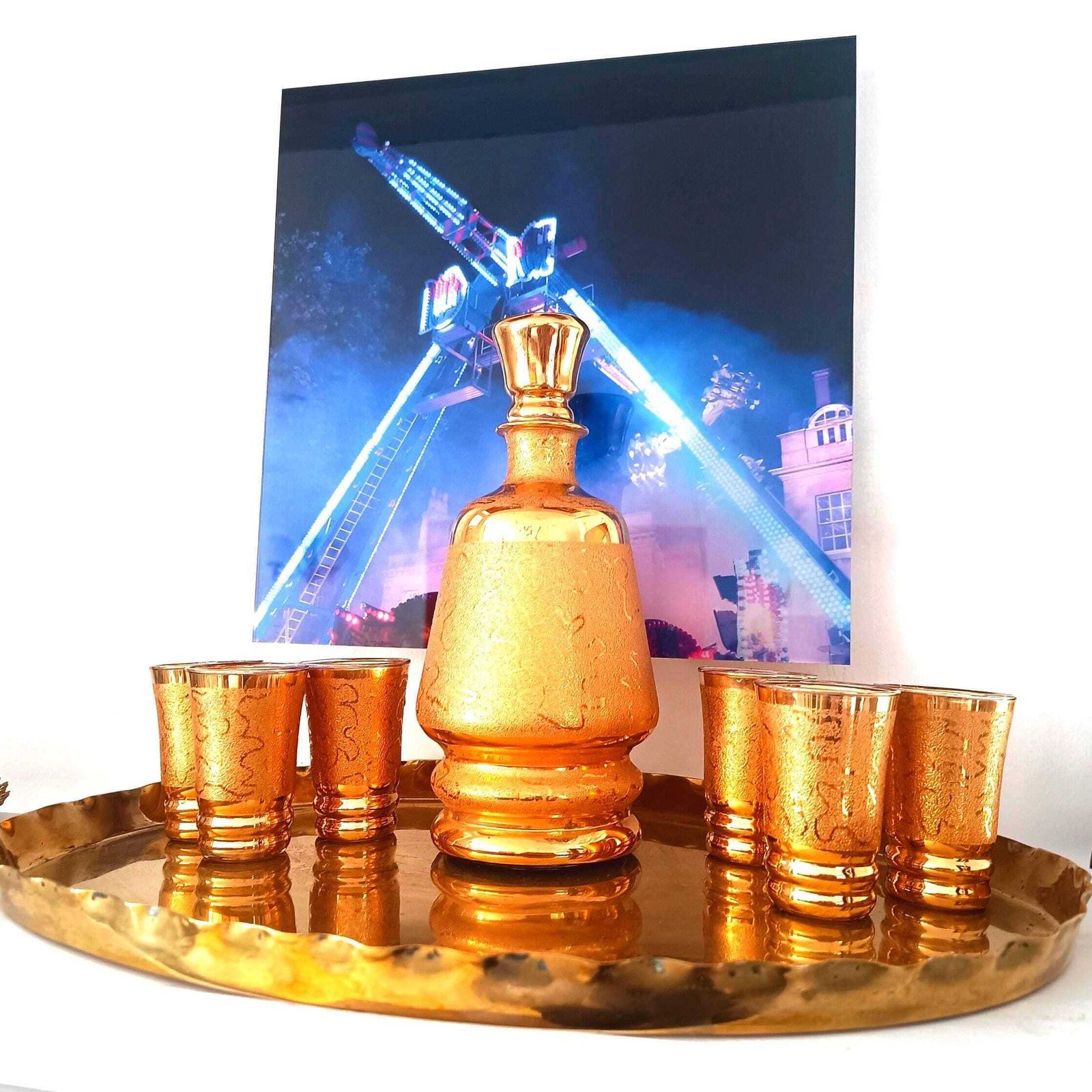 Belgisch Laeken Cristal Mid Century Gouden Likeur Vodka Set 6 Shotglazen, Hollywood Regency photo Woonaccessoires
