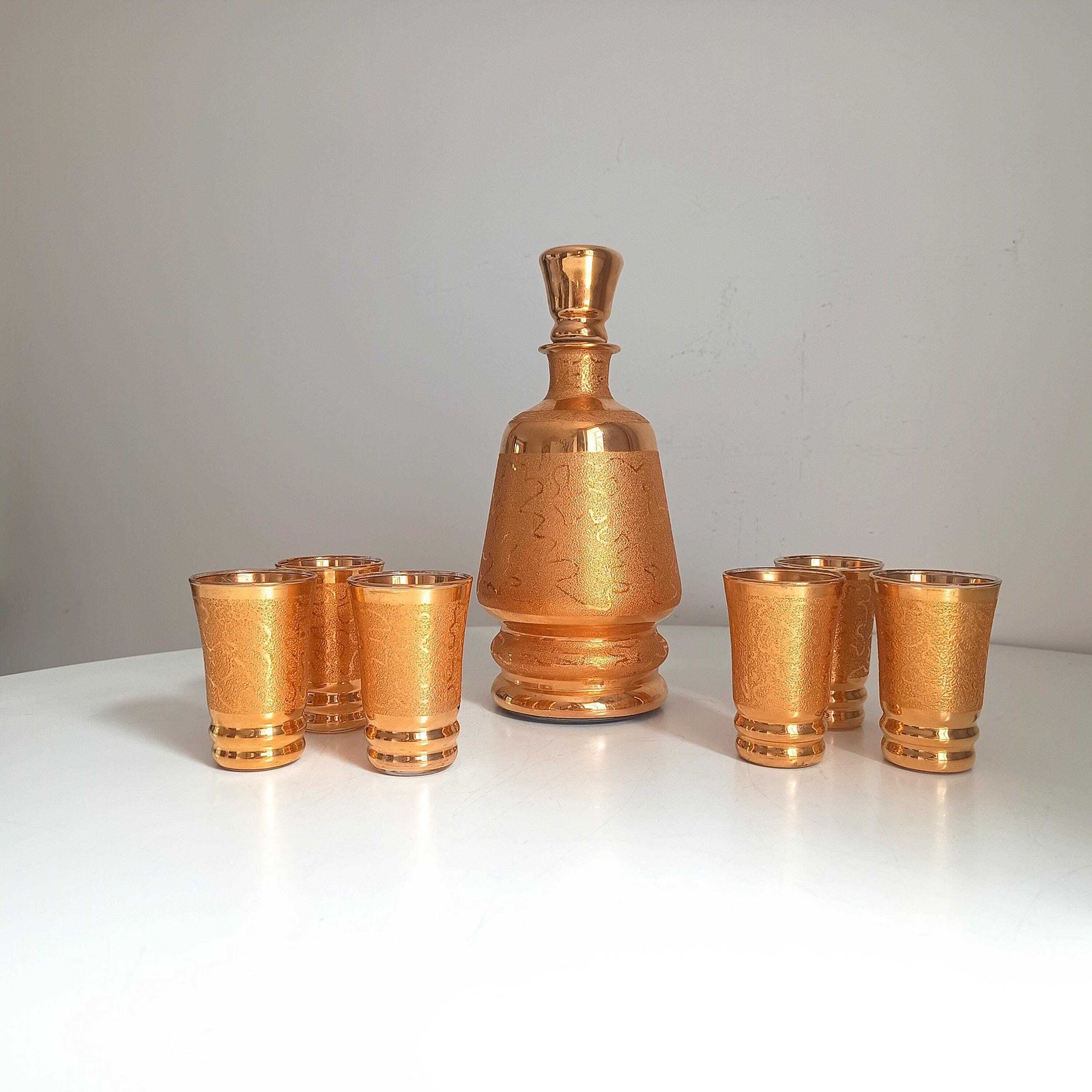 150.0 Belgisch Laeken Cristal Mid Century Gouden Likeur Vodka Set 6 Shotglazen, Hollywood Regency photo