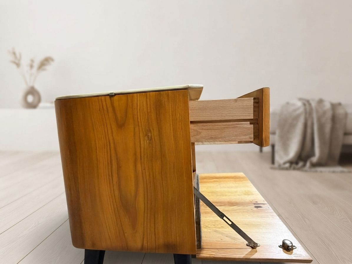 Volledig gerestaureerd nachtkastje van Jindřich Halabala voor ÚP Závody, mid-century modern, jaren 1950, Tsjecho-Slowakije, 55 × 51 × 37 cm photo Meubels