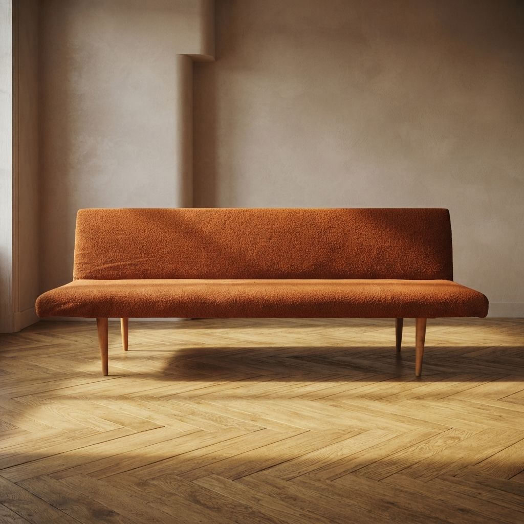 Mid-Century opvouwbare slaapbank van Miroslav Navrátil, oranje bekleding, jaren 1960, Tsjecho-Slowakije, 186 × 60 × 72 cm