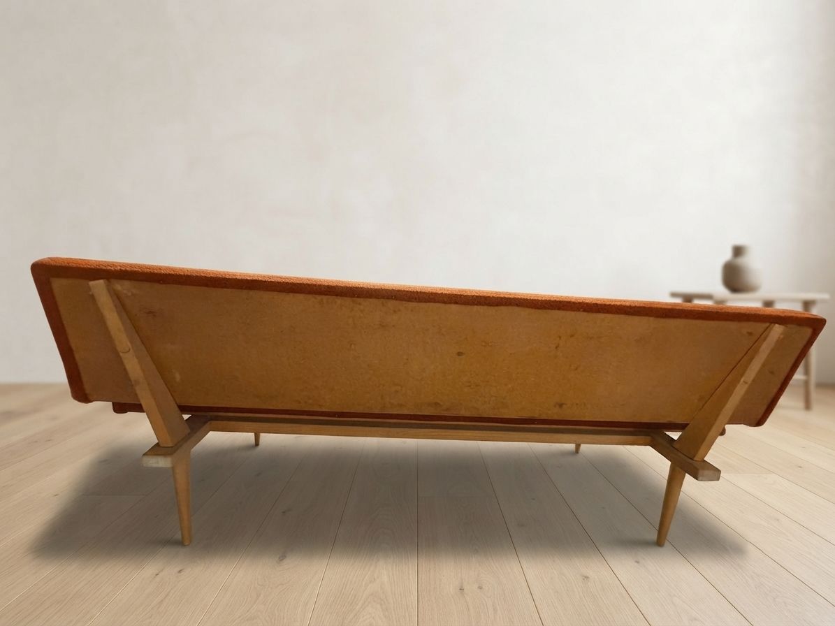 photo for sale Mid-Century opvouwbare slaapbank van Miroslav Navrátil, oranje bekleding, jaren 1960, Tsjecho-Slowakije, 186 × 60 × 72 cm