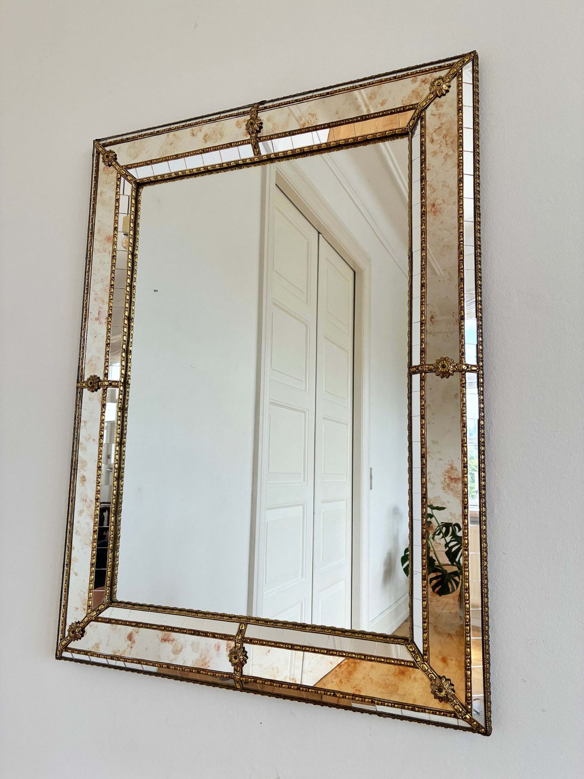 Vintage Spanish Venetian Style Wall Mirror, Rectangular, Brass, 1980s Hollywood Regency