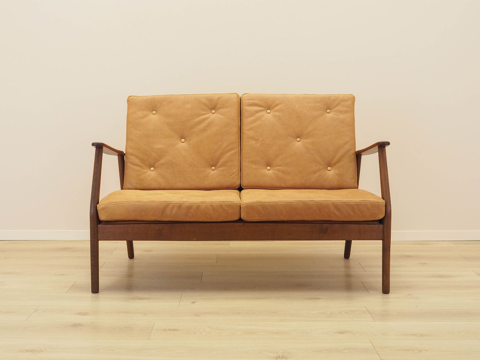 Danish Two Seater Sofa Made Of Solid Oiled Oak, With Natural Leather Upholstery, From The 1960s. photo for sale