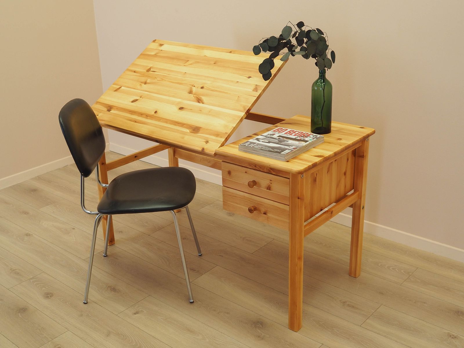 Danish Desk Made Of Solid Pine With An Adjustable Top And Drawers, From The 1990s. photo Furniture