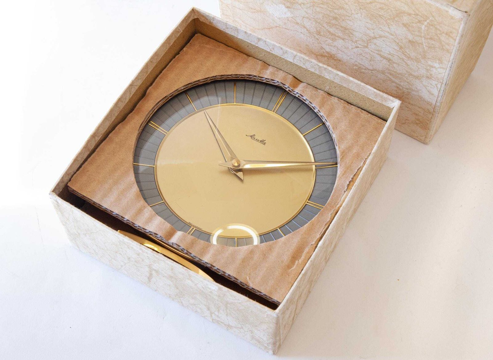 Boxed! 1950s Mauthe Germany Desk Clock Mid Century Modernism Art Deco Junghans Table. photo for sale