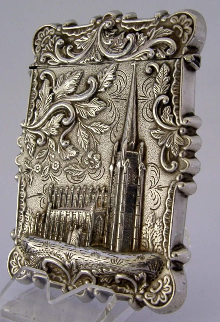 Zeldzaam Amerikaans sterling zilveren Trinity Church Castle Top Card Case ca. 1850 photo furniture