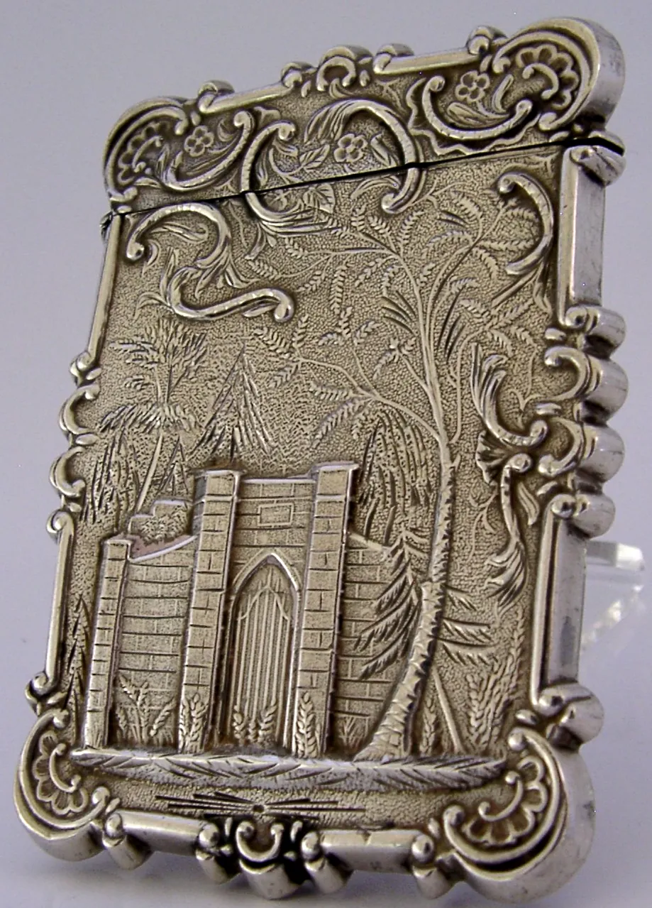 Zeldzaam Amerikaans sterling zilveren Trinity Church Castle Top Card Case ca. 1850 photo 450.0