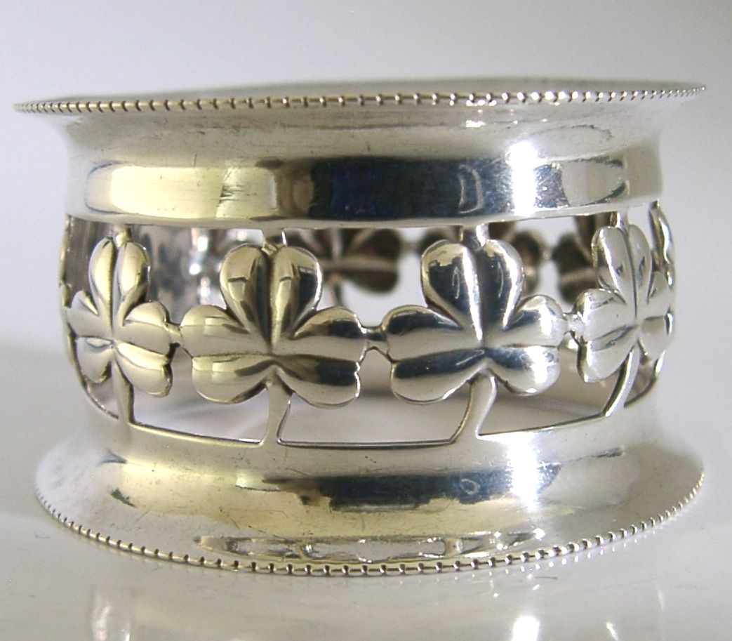 Chester Sterling Silver Lucky Shamrock Clover Napkin Ring 1904 Antique photo vinterior
