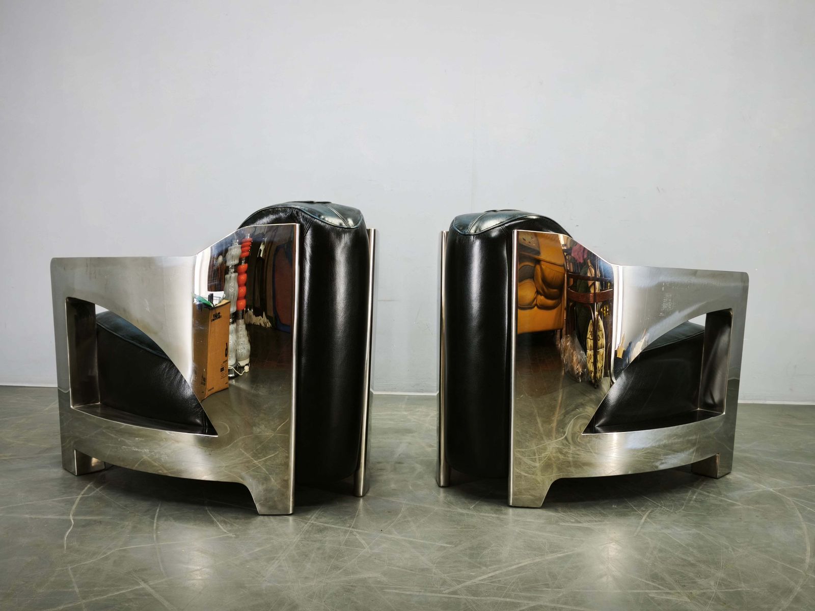 photo for sale Pair Of Timothy Oulton Aviator Leather And Steel Armchairs 1990s