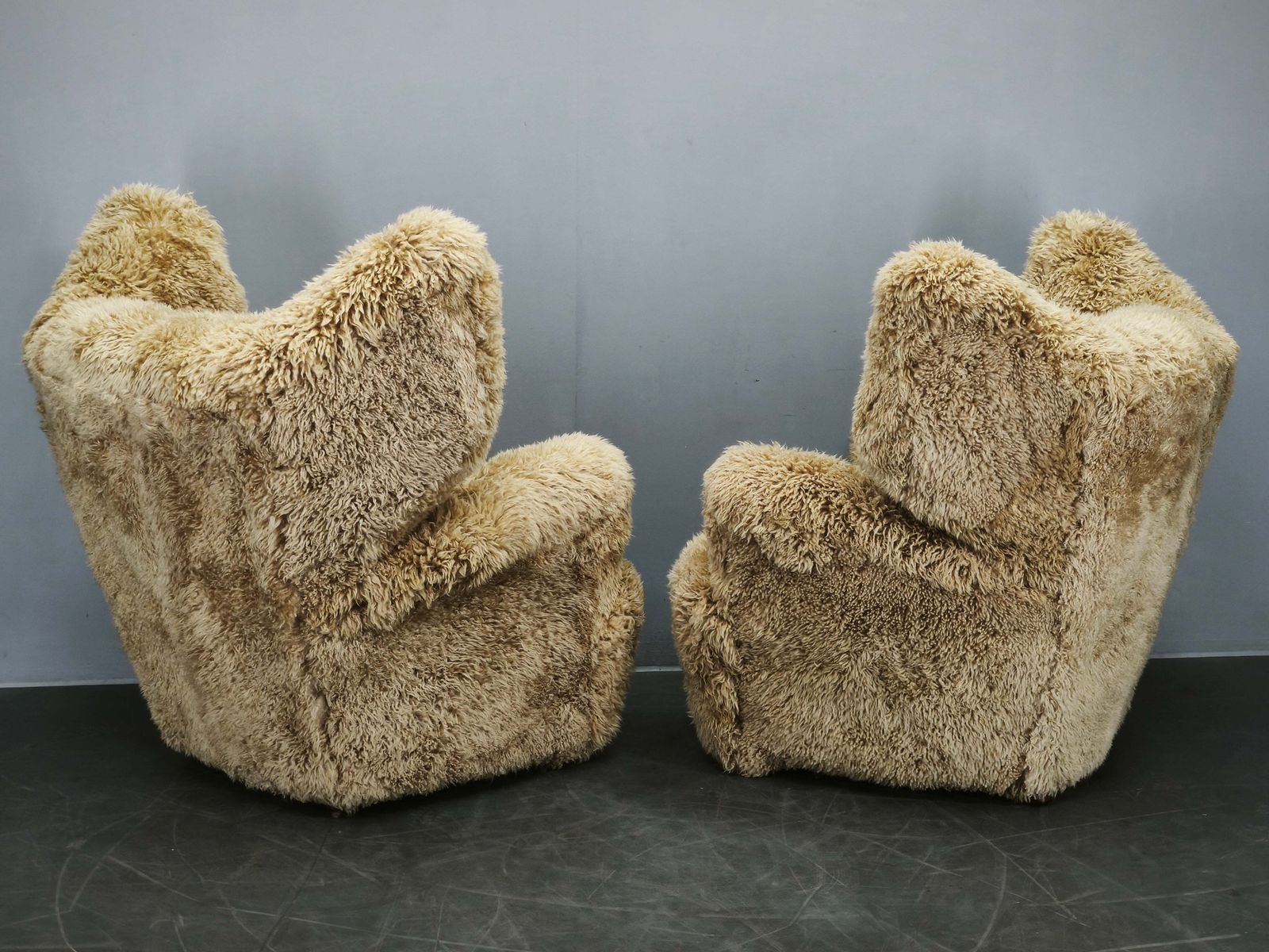 Furniture Rare Pair Of Monumental Art Deco Skandilock Sheepskin Wingback Chairs 1930s photo