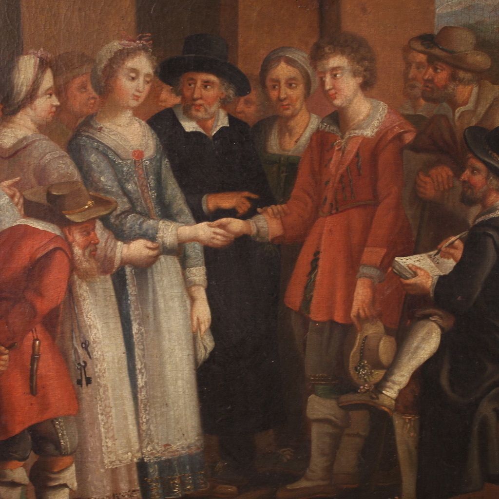 19e-eeuws Frans schilderij, genrescène met bruiloft photo furniture