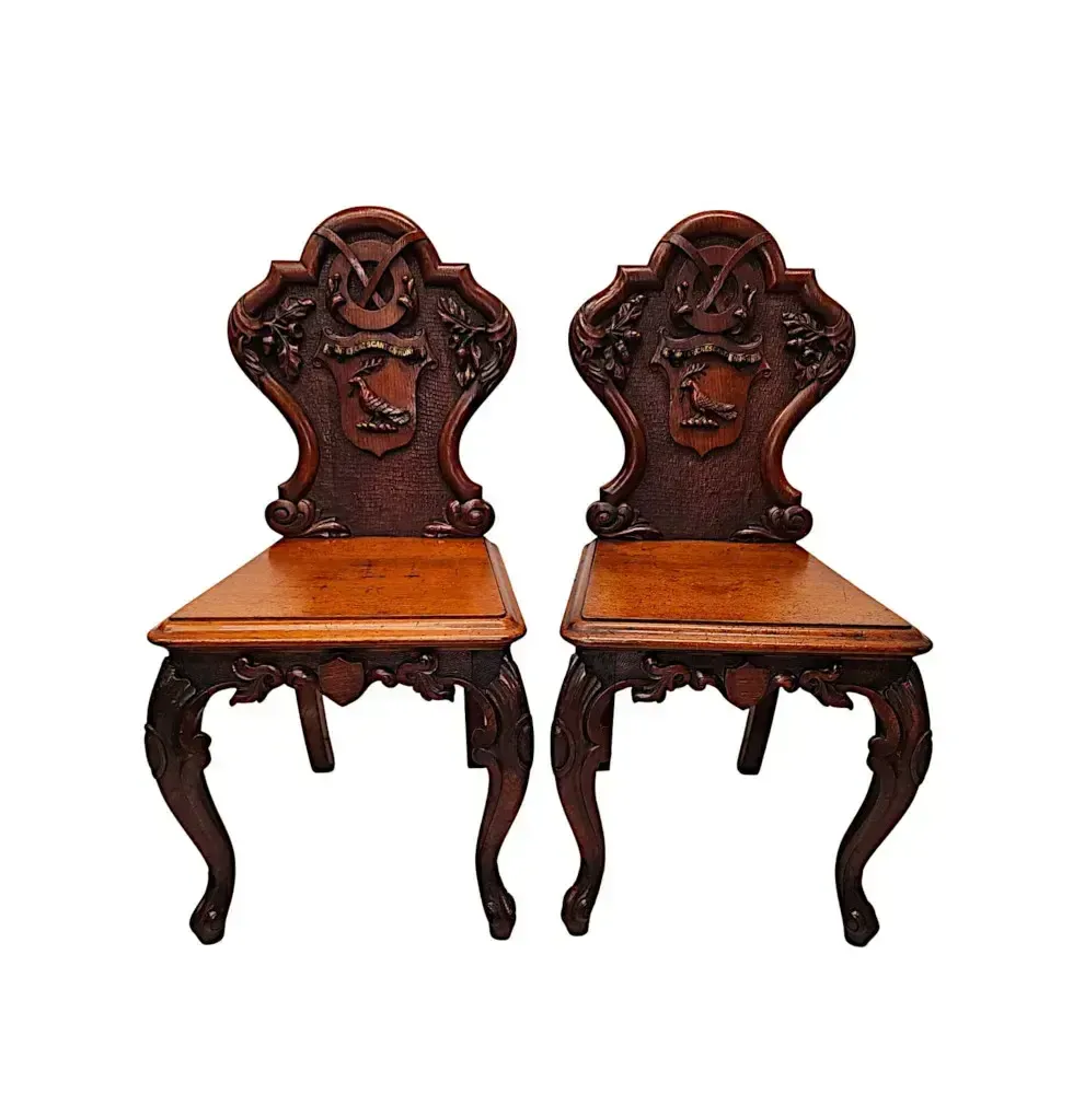 A Very Rare Pair Of 19th Century Heavy Carved Oak English Country House Hall Chairs