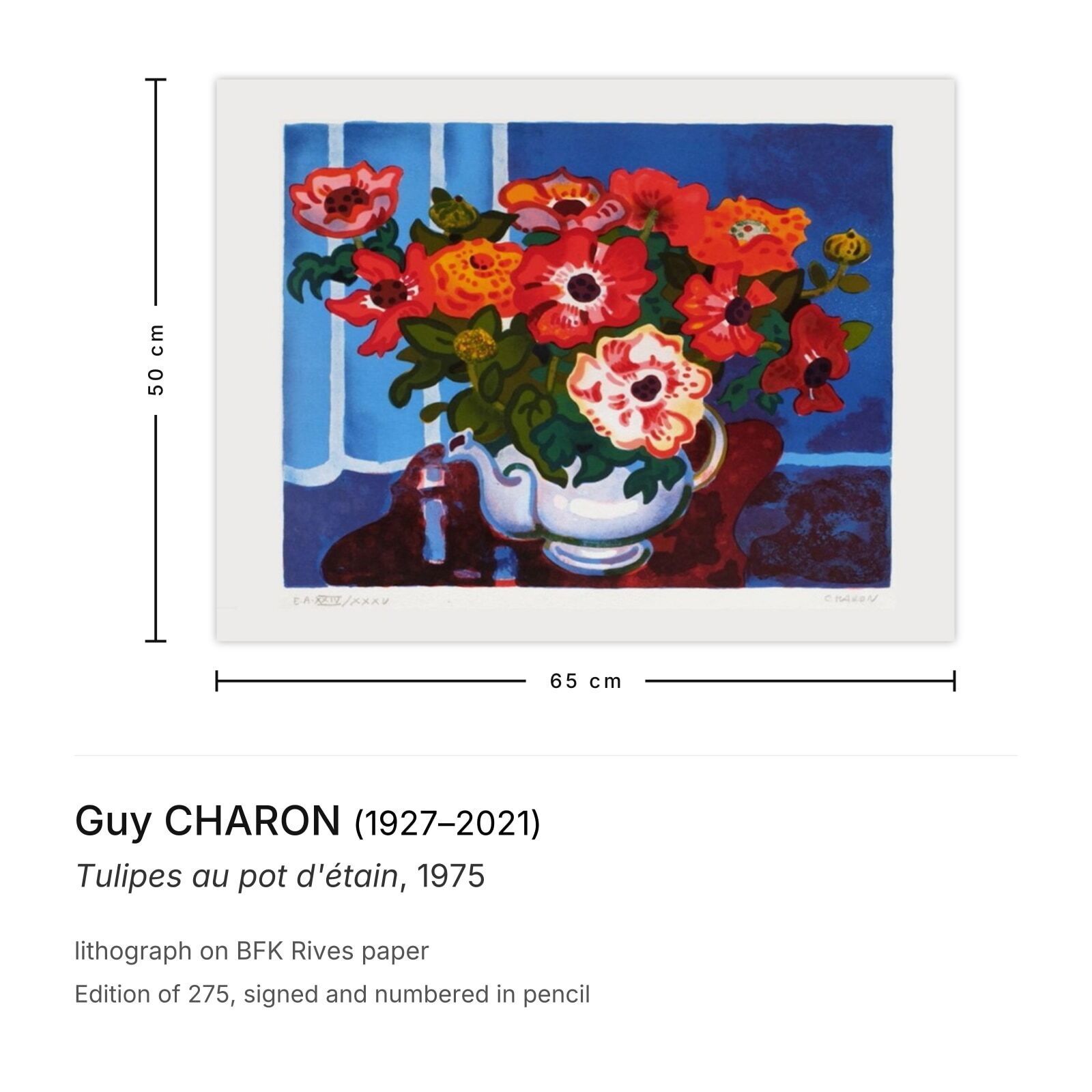 Guy Charon Signed Lithograph Tulipes Au Pot D'étain 1975 photo furniture