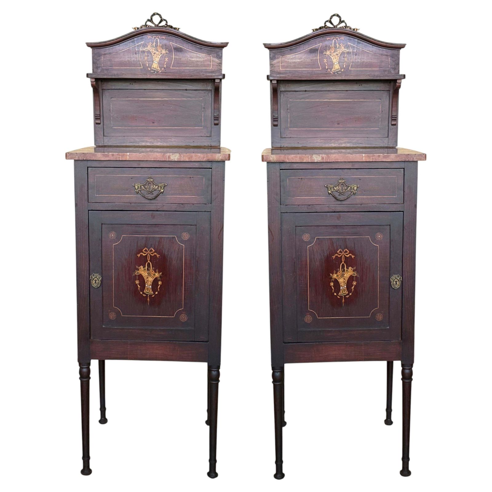Antique Pair Of French Marquetry Bedside Cabinets With Marble Tops, Late 19th