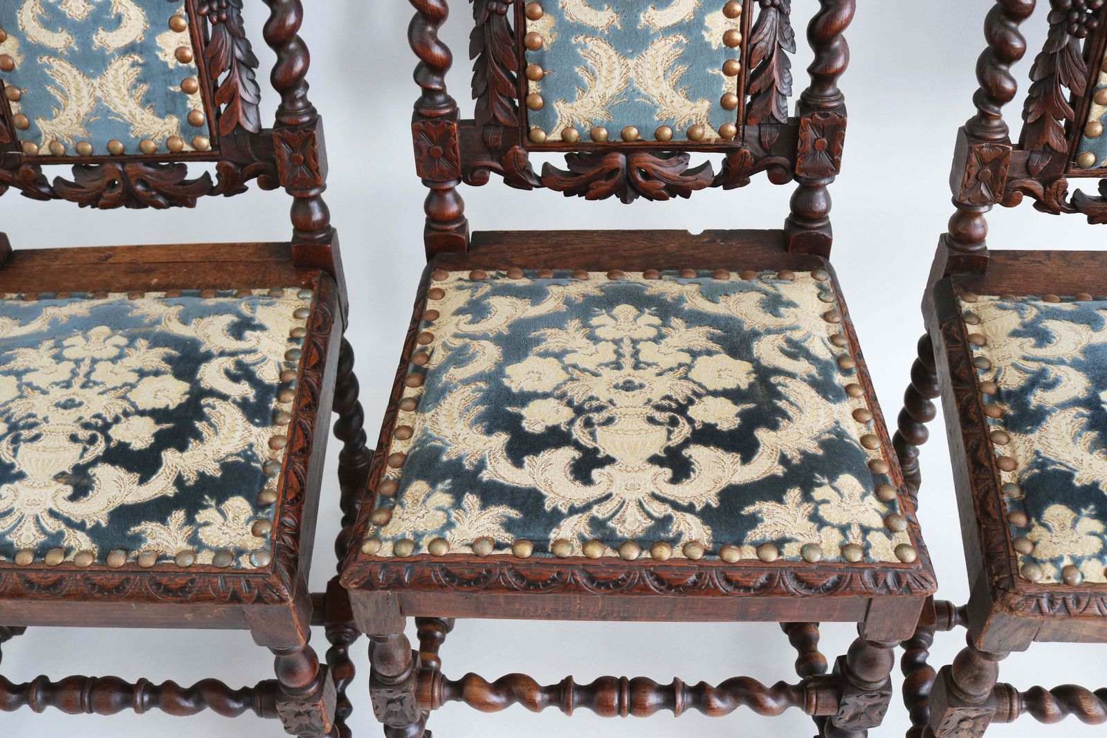 Set Of 4 French Renaissance Revival Barley Twisted Chairs 19th Century Oak photo vintage