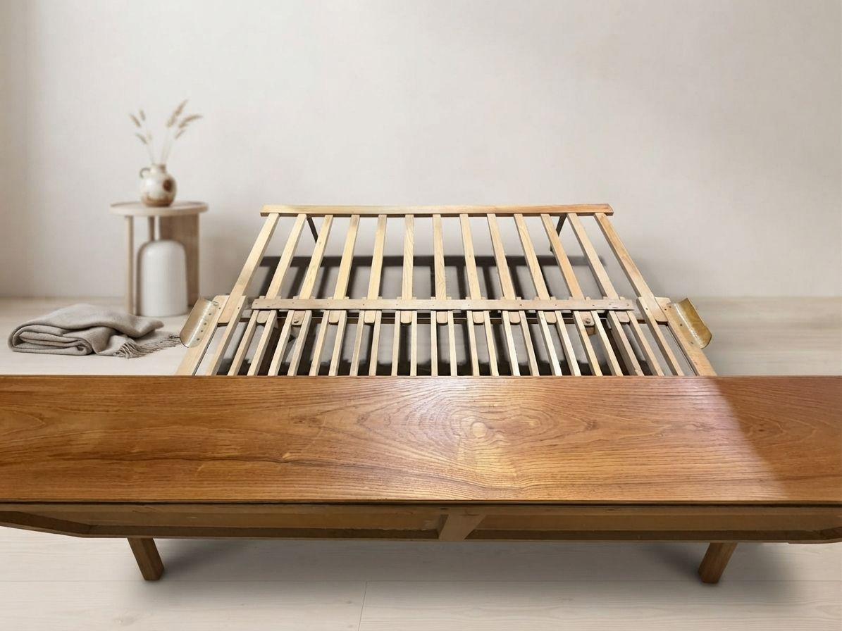 Mid-Century Houten Opvouwbaar Slaapbankframe, Uitschuifbaar Dagslaapbank, Tsjecho-Slowakije, 190 × 151 × 77 cm photo 731.0