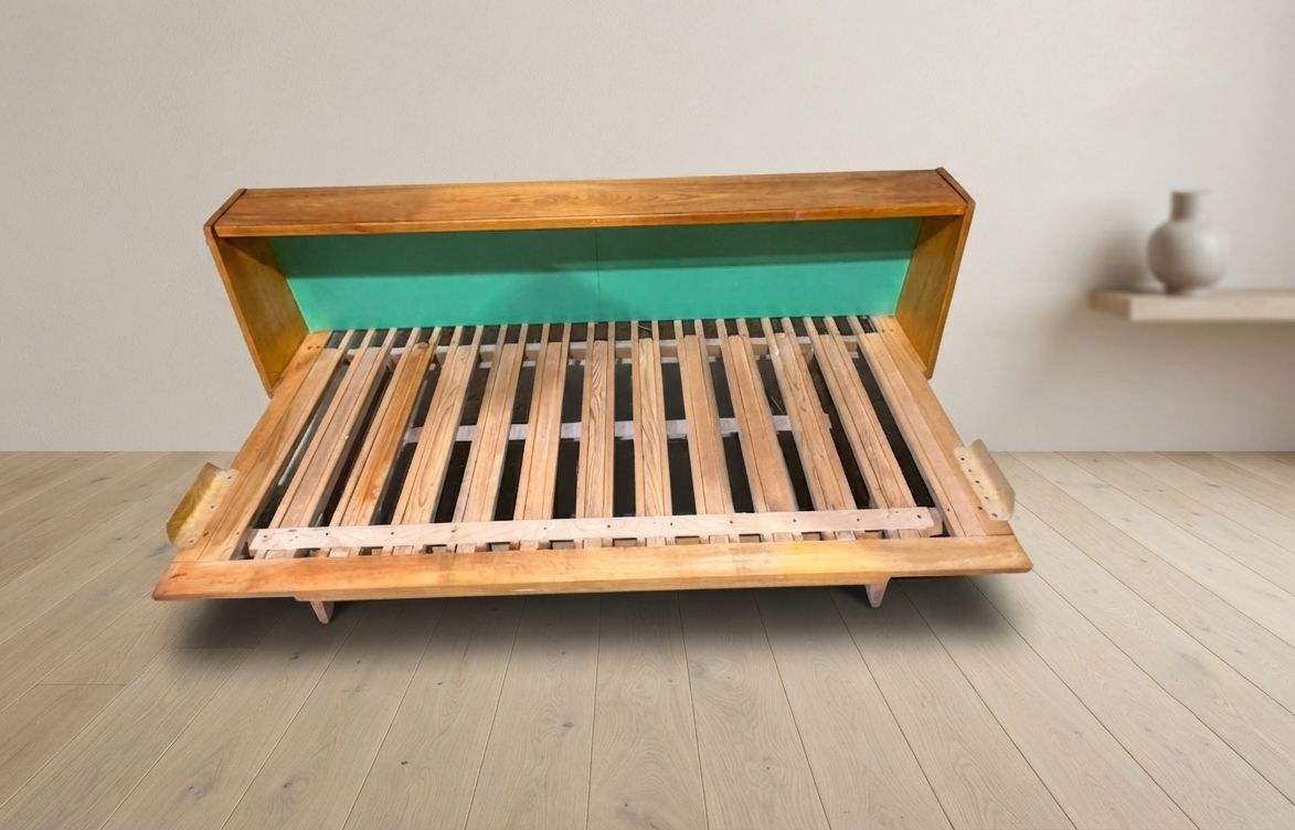 Furniture Mid Century Wooden Folding Sofa Bed Frame, Extendable Daybed, Czechoslovakia, 190 × 151 × 77 Cm photo