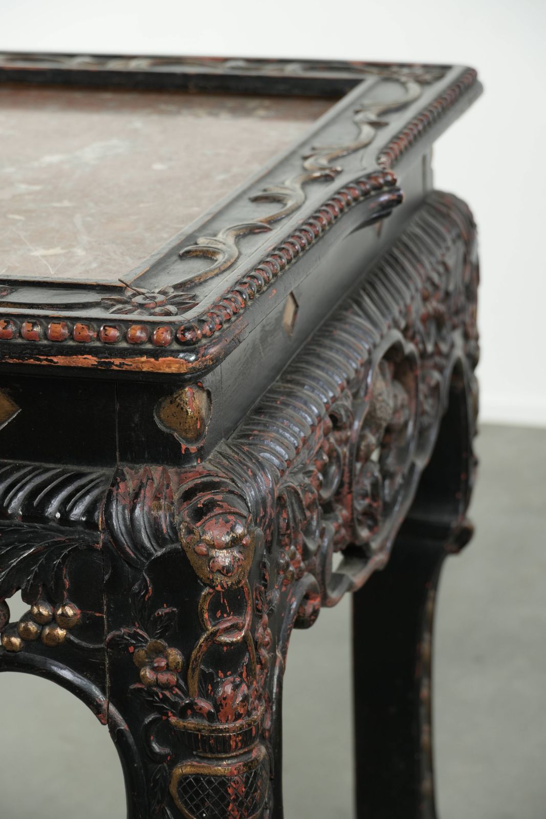 photo furniture Stunning, Rare, Colorful Antique Chinese 19th Century Wooden Side Table/Opium Table With A Marble Top