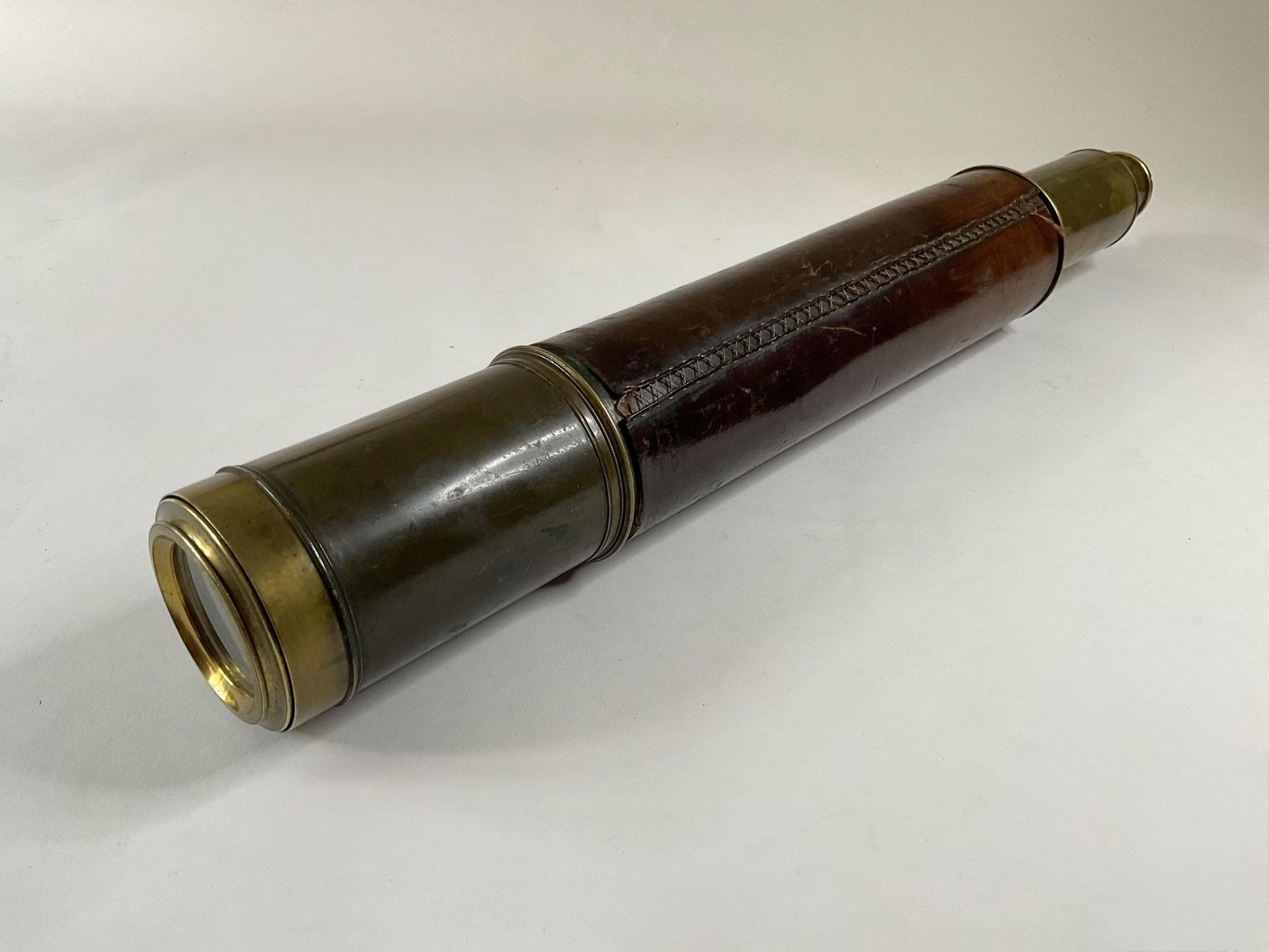Antique 19th Century Maritime Leather Covered Brass Officer Telescope With Sunshade & Field Stop