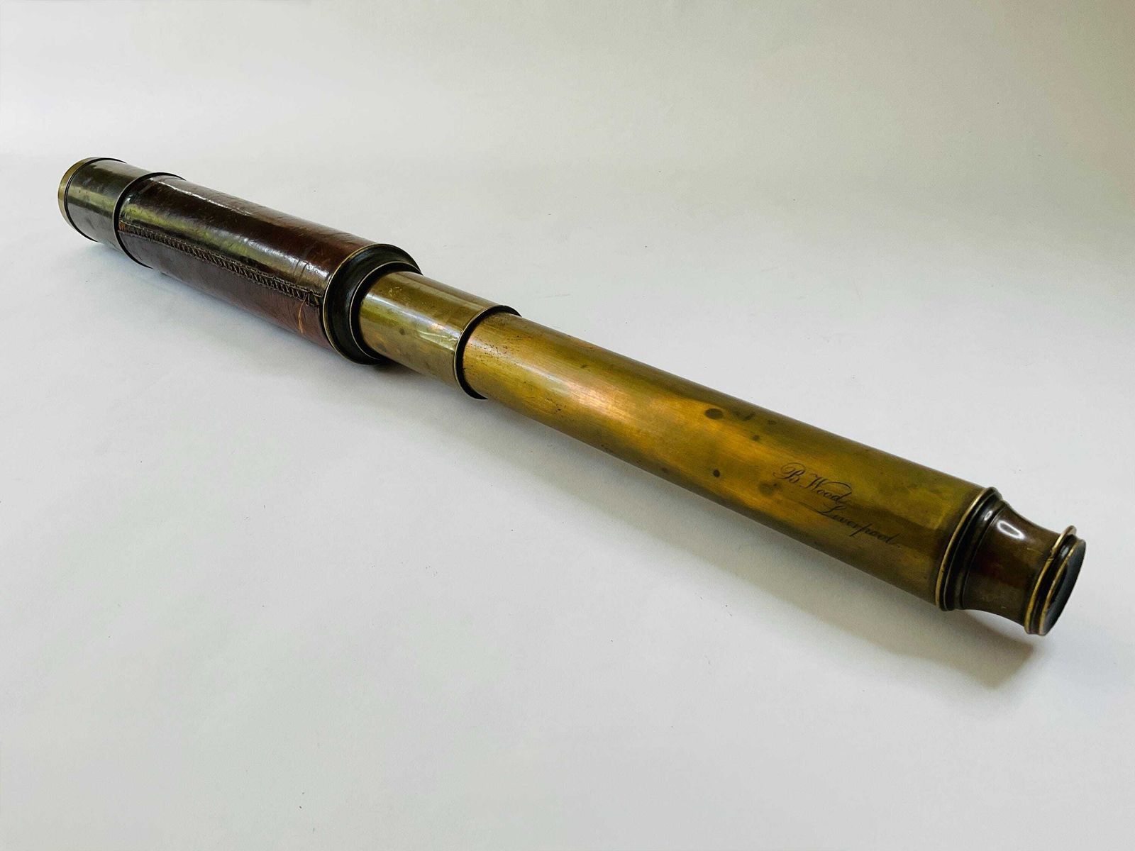 Antique 19th Century Maritime Leather Covered Brass Officer Telescope With Sunshade & Field Stop photo vintage