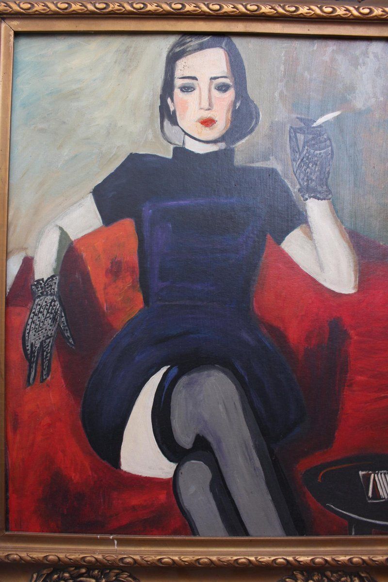 Lady Smoking, vintage olieverfschilderij ca. jaren 1950, ingelijst figuratief kunstwerk photo for sale