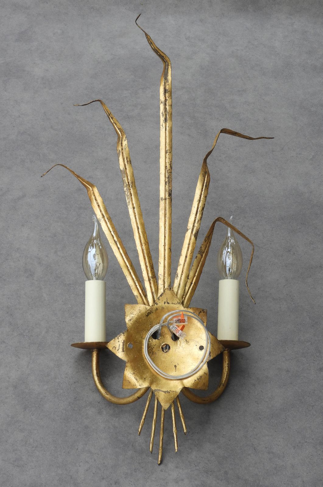 photo for sale Ferrocolor Spanish Gilt Tole Wheat Sheaf Wall Sconces C1950, Two Pairs Available