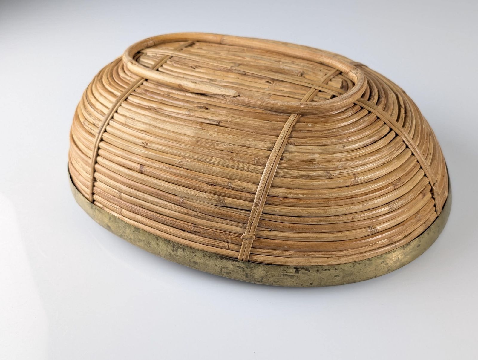 Italian Mid Century Rattan And Brass Oval Centerpiece Bowl, 1970s photo vinterior