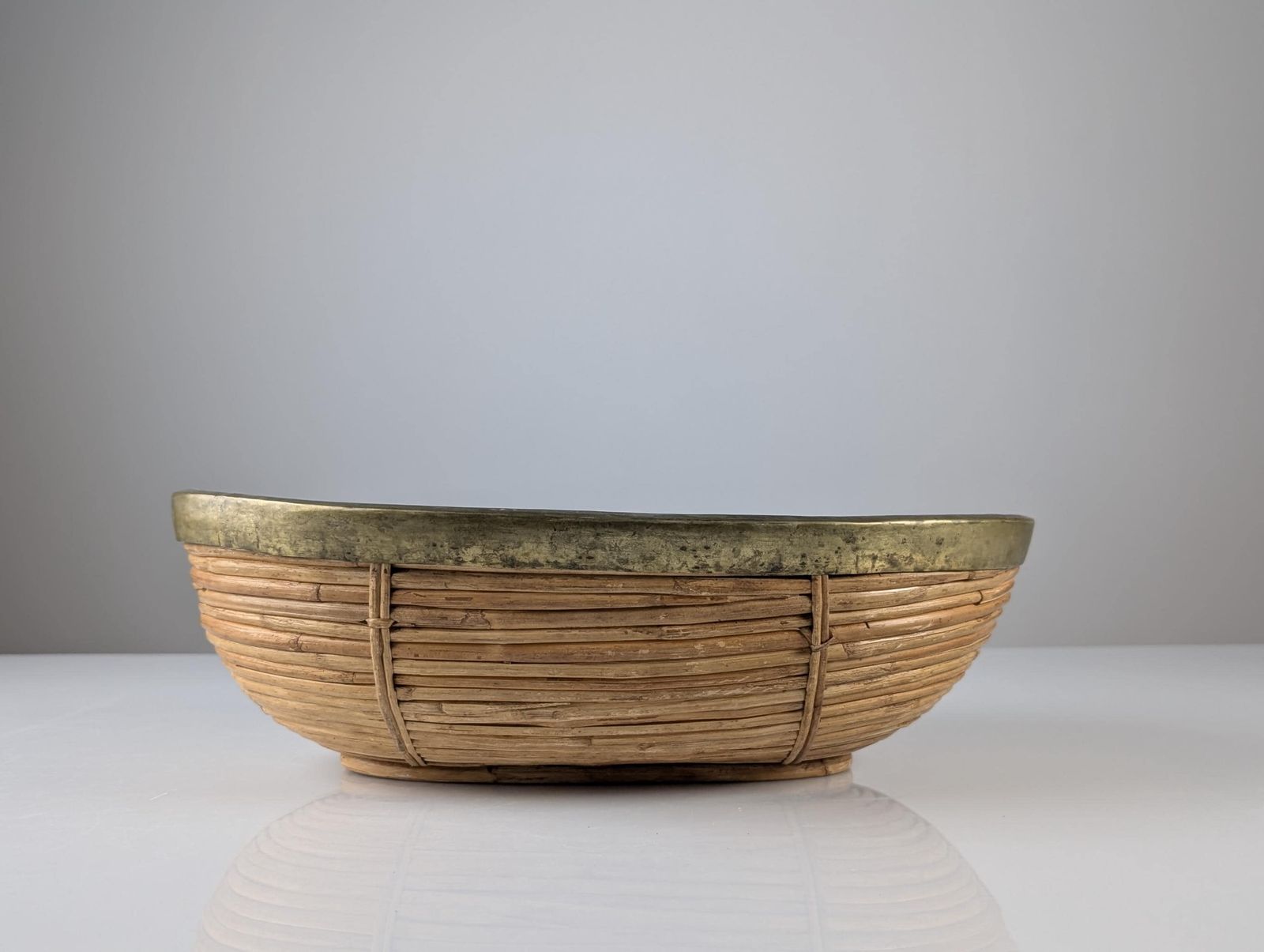 Home Decor Italian Mid Century Rattan And Brass Oval Centerpiece Bowl, 1970s photo