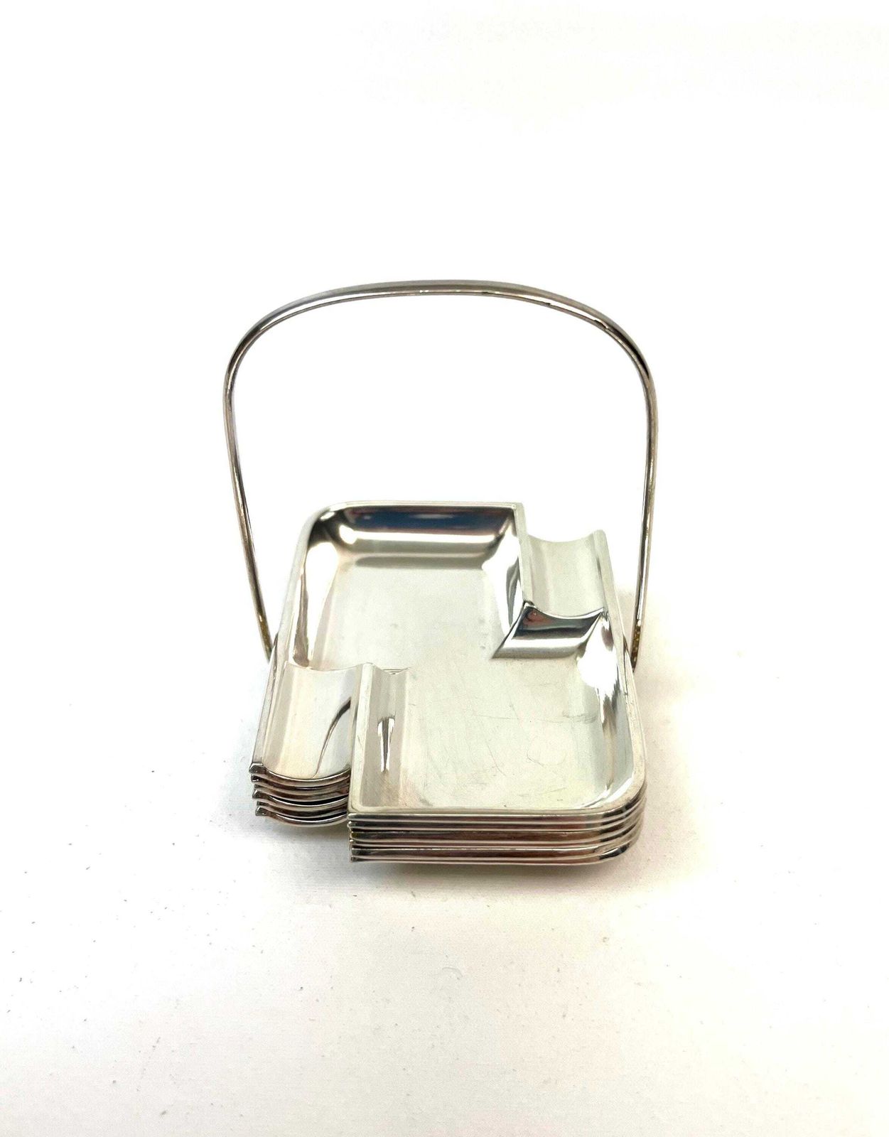 Very Rare Small Avant Garde Bauhaus Art Deco Silver Plated Stackable Ashtrays In Holder With Box Germany 1925 photo Home Decor