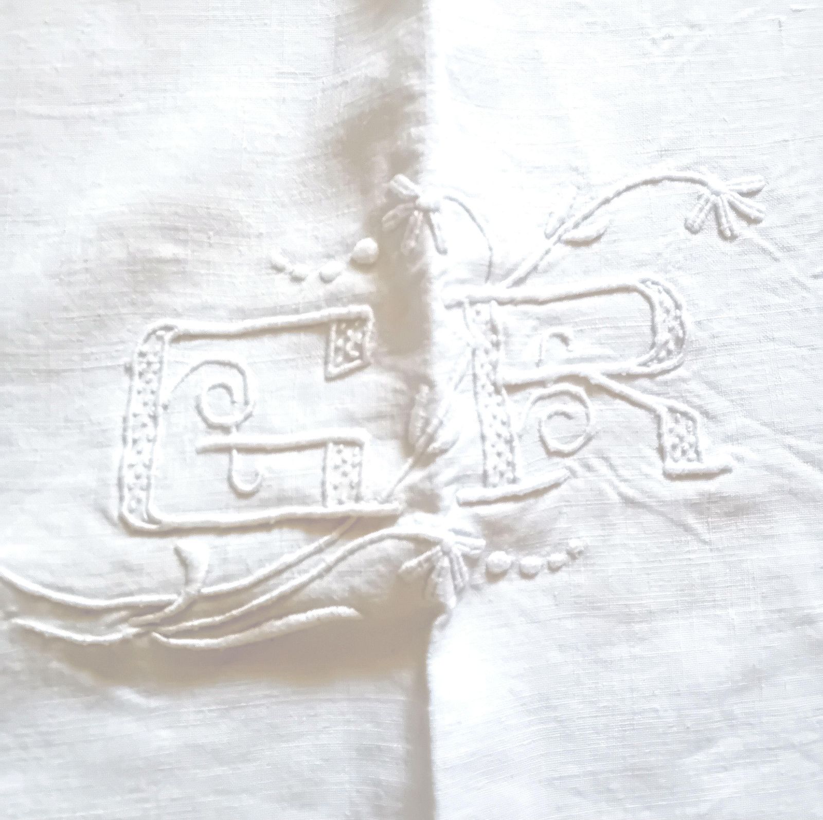 Linen Bed Sheet Monogram G R White Cotton Antique Metis Made In France