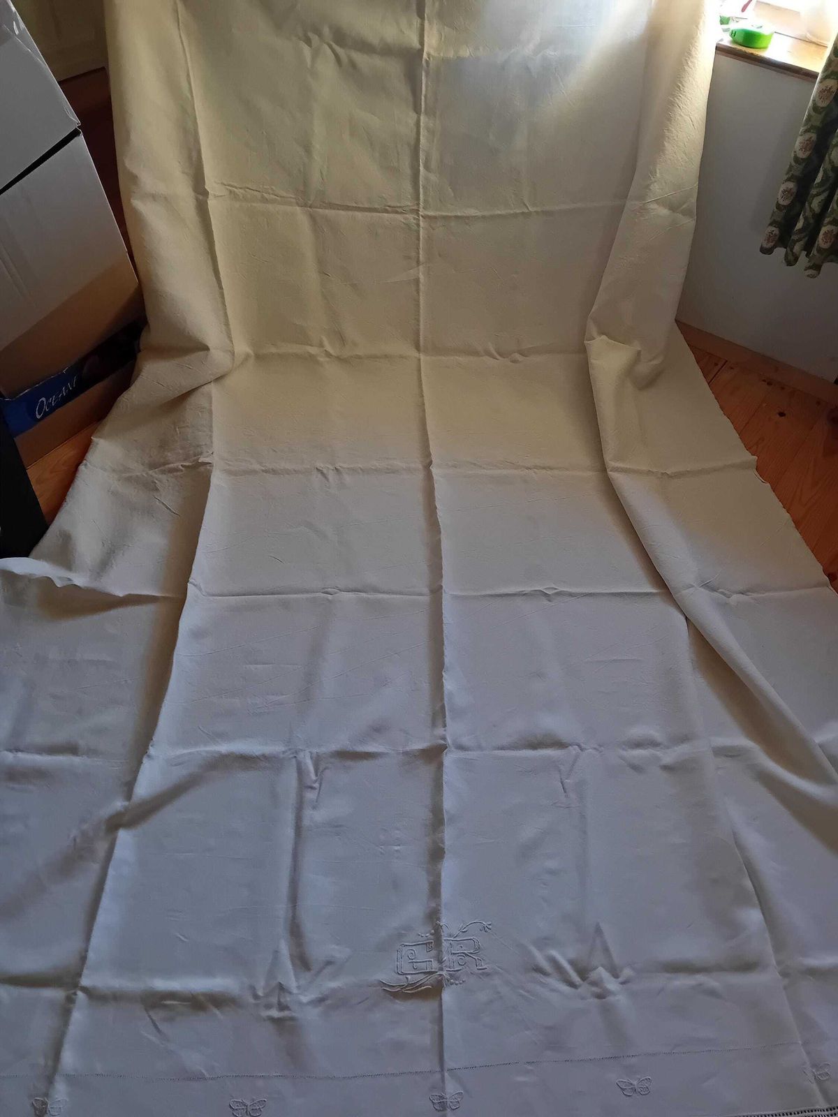 Drap de lit en lin monogramme G R, coton blanc, métis d'époque, fabriqué en France photo Textiles