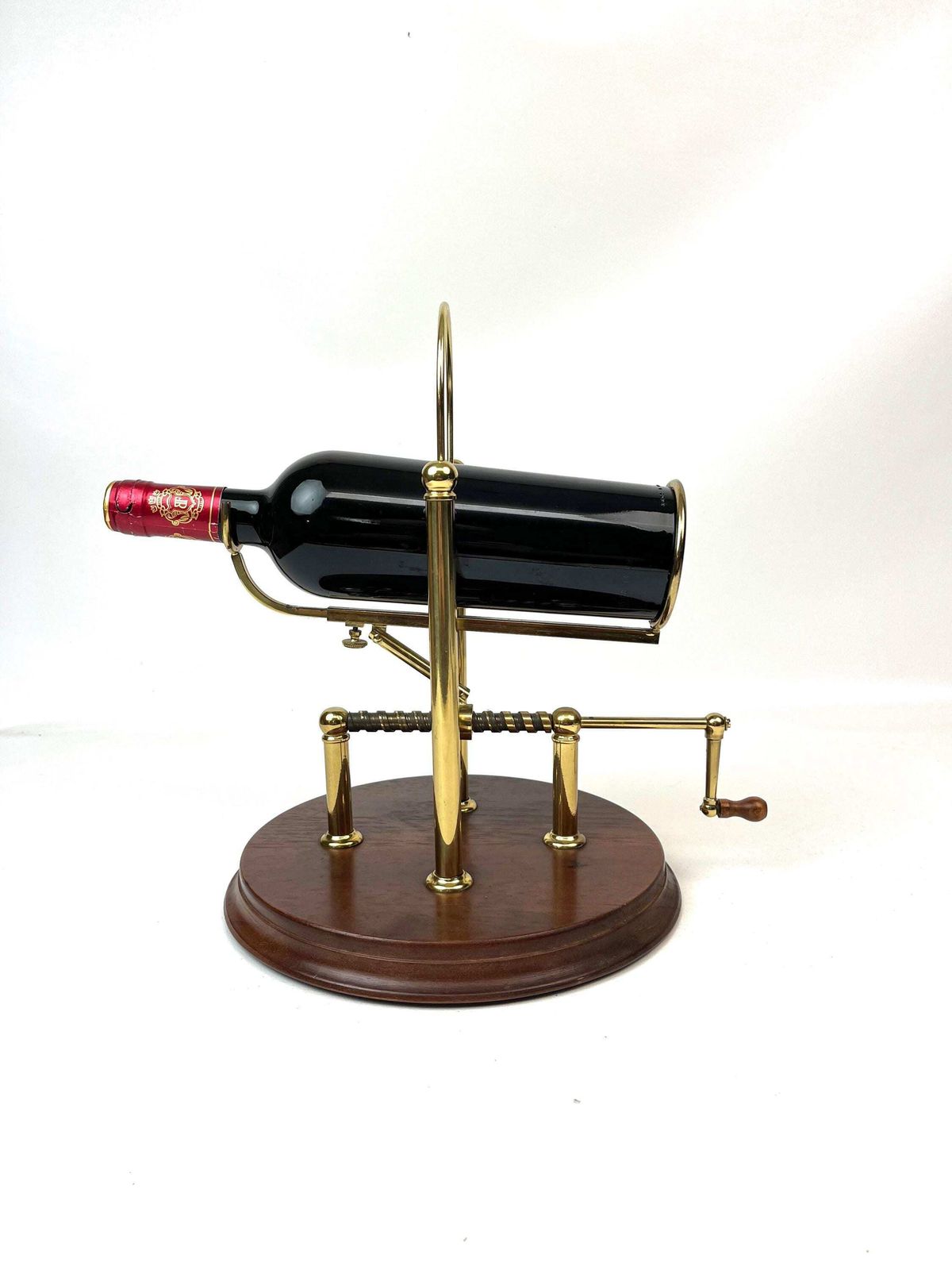 Porte-carafe Art déco mécanique en laiton et bois photo vintage
